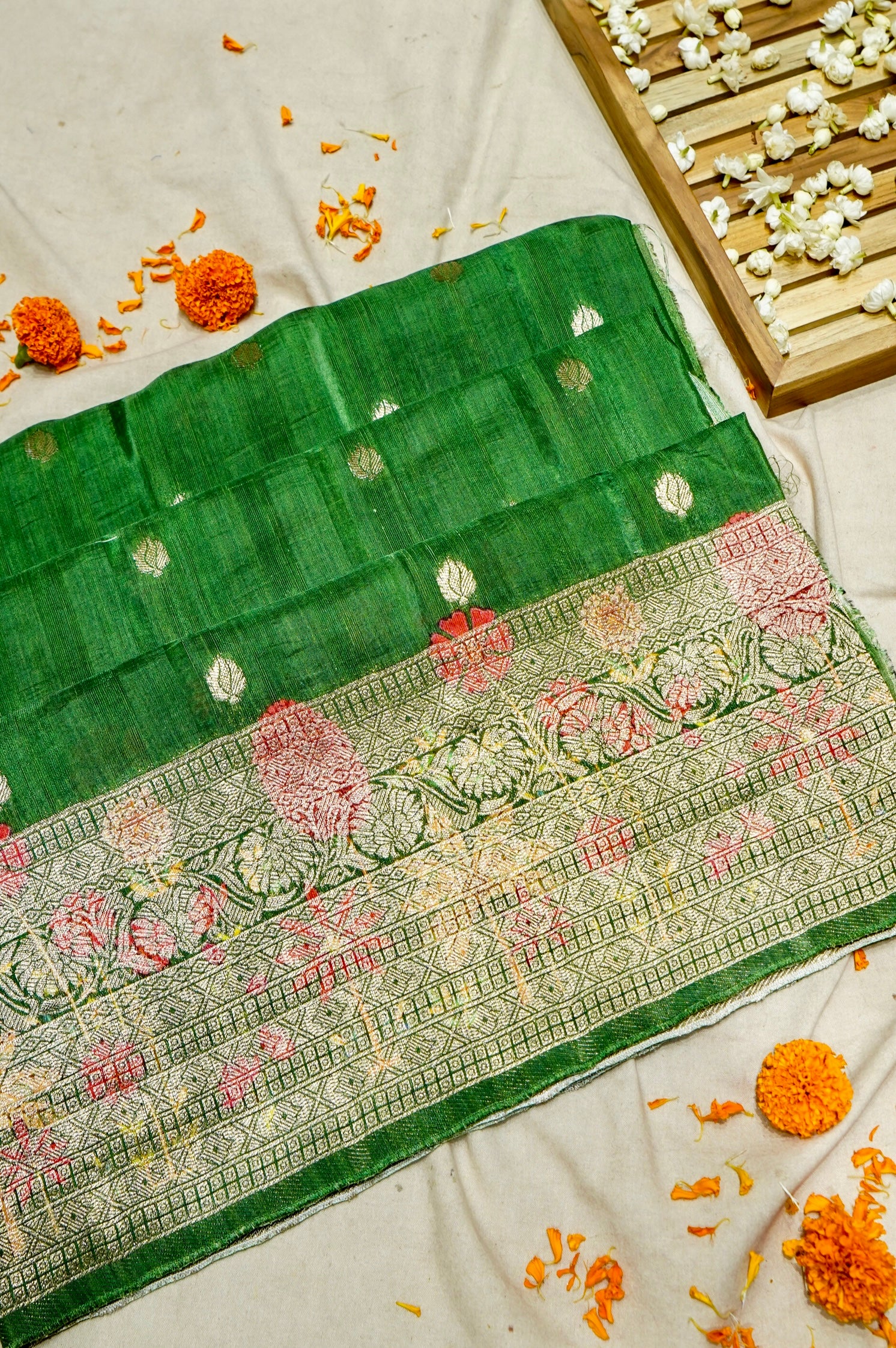 Soft Emerald Green Raw Silk Saree with Pastel Floral Weaving Border