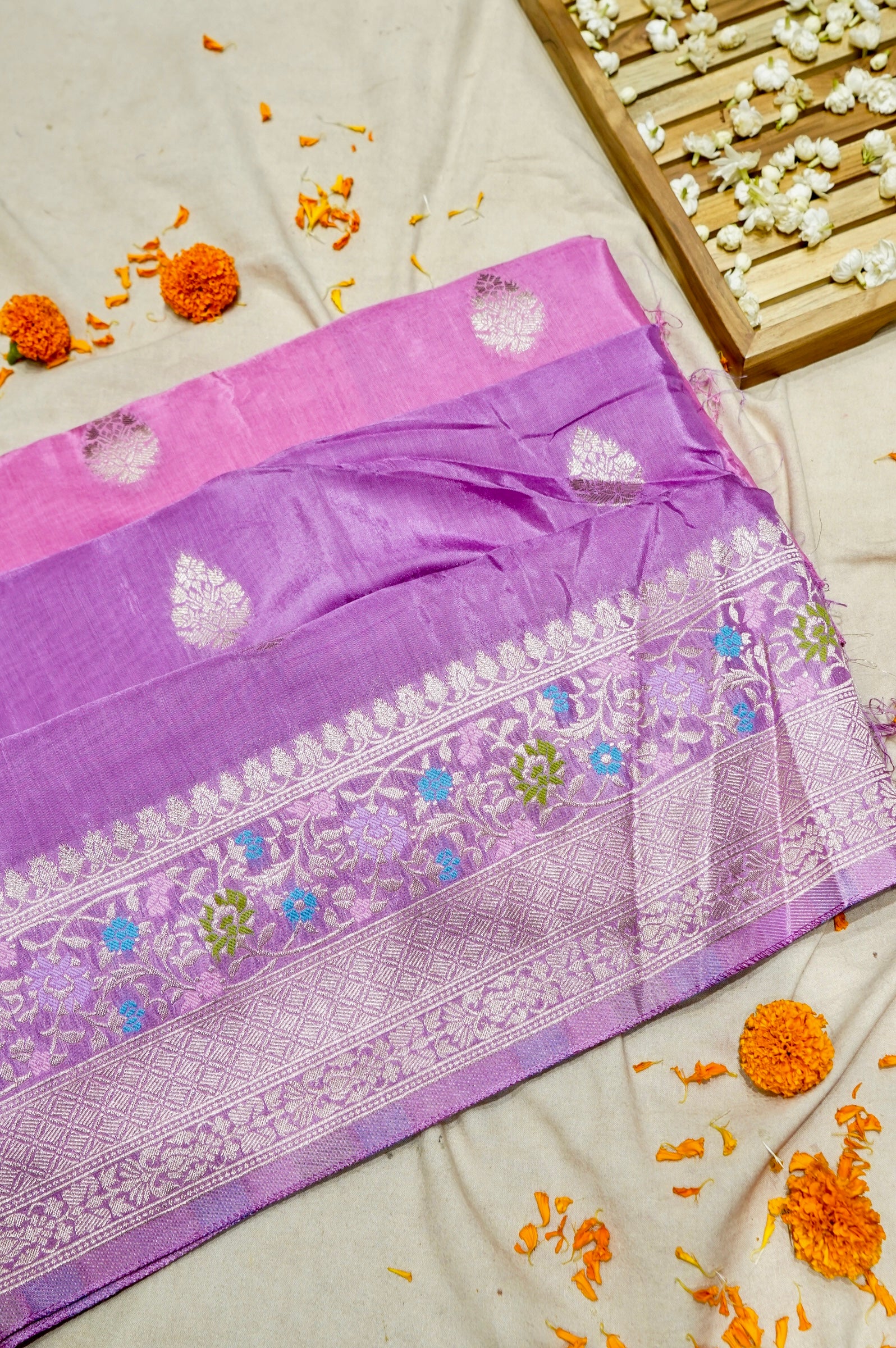 Blush Pink Dola Silk Saree with Lavendar and Gold Zari Border