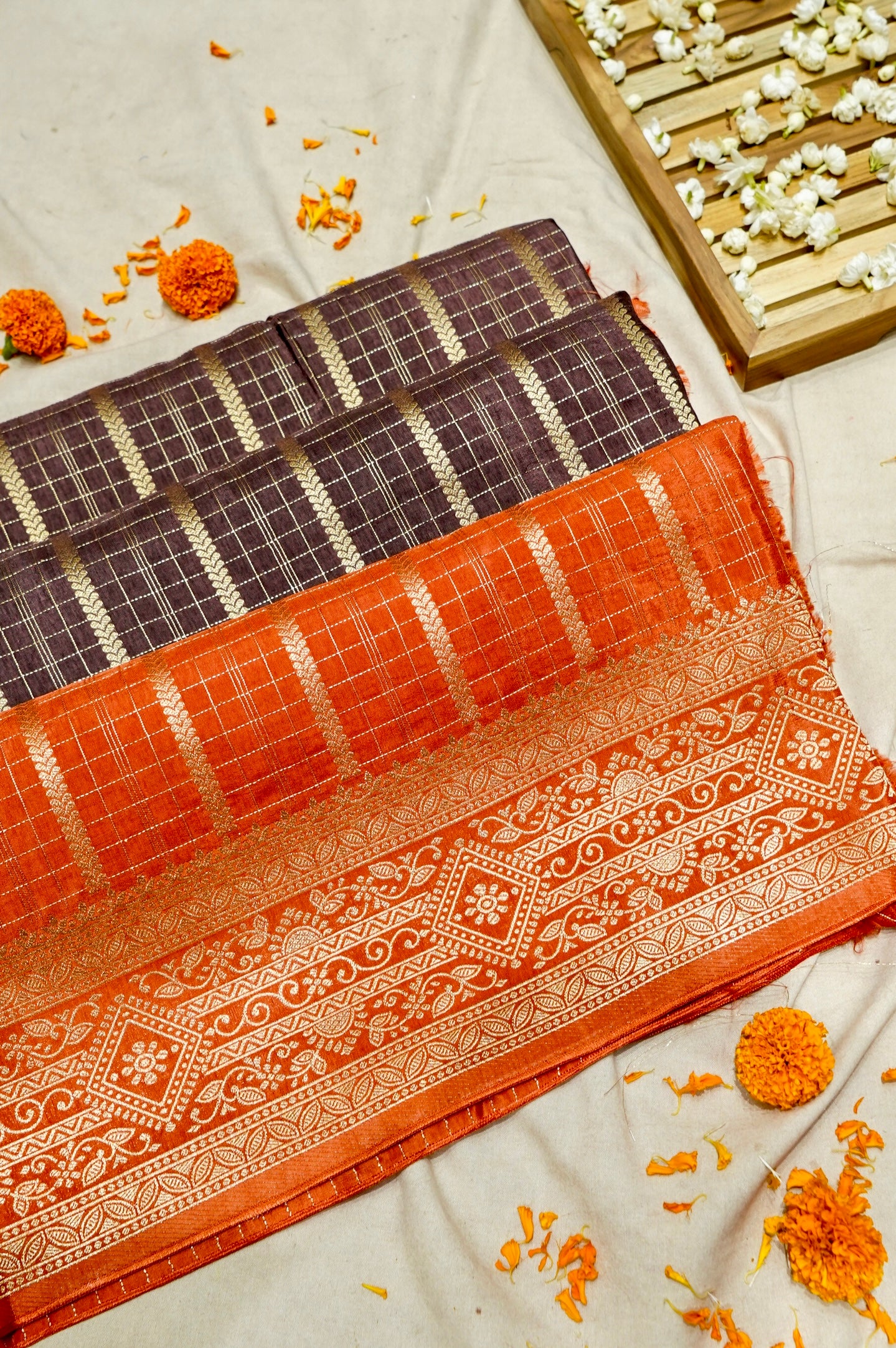 Wine Purple Dola Silk Saree with Rust Orange and Gold Zari Border