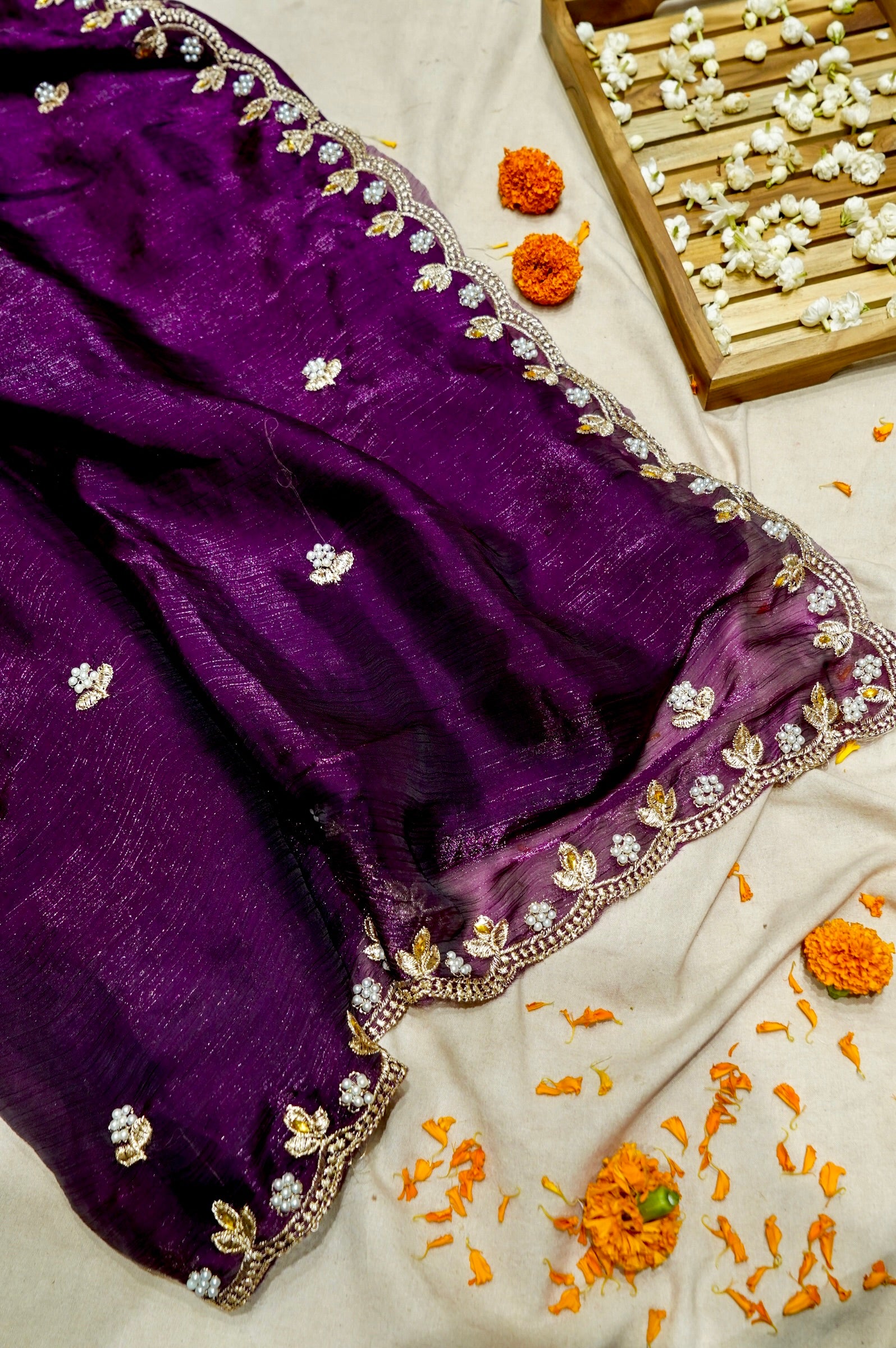 Purple Designer Chiffon Tissue Silk Saree with Contrast Green Blouse