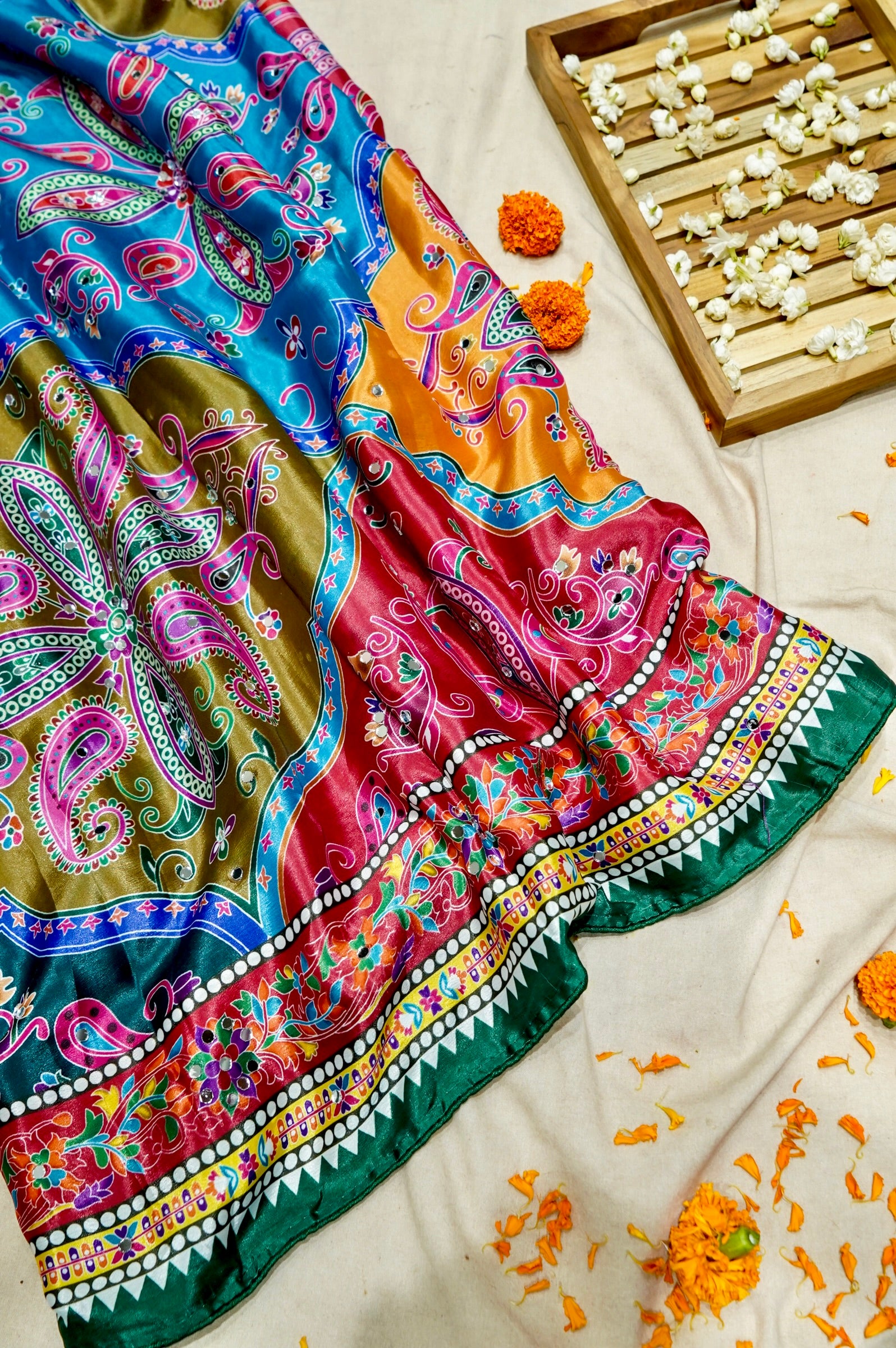 Multicolor Paisley Print Roman Silk Saree with Emerald Border