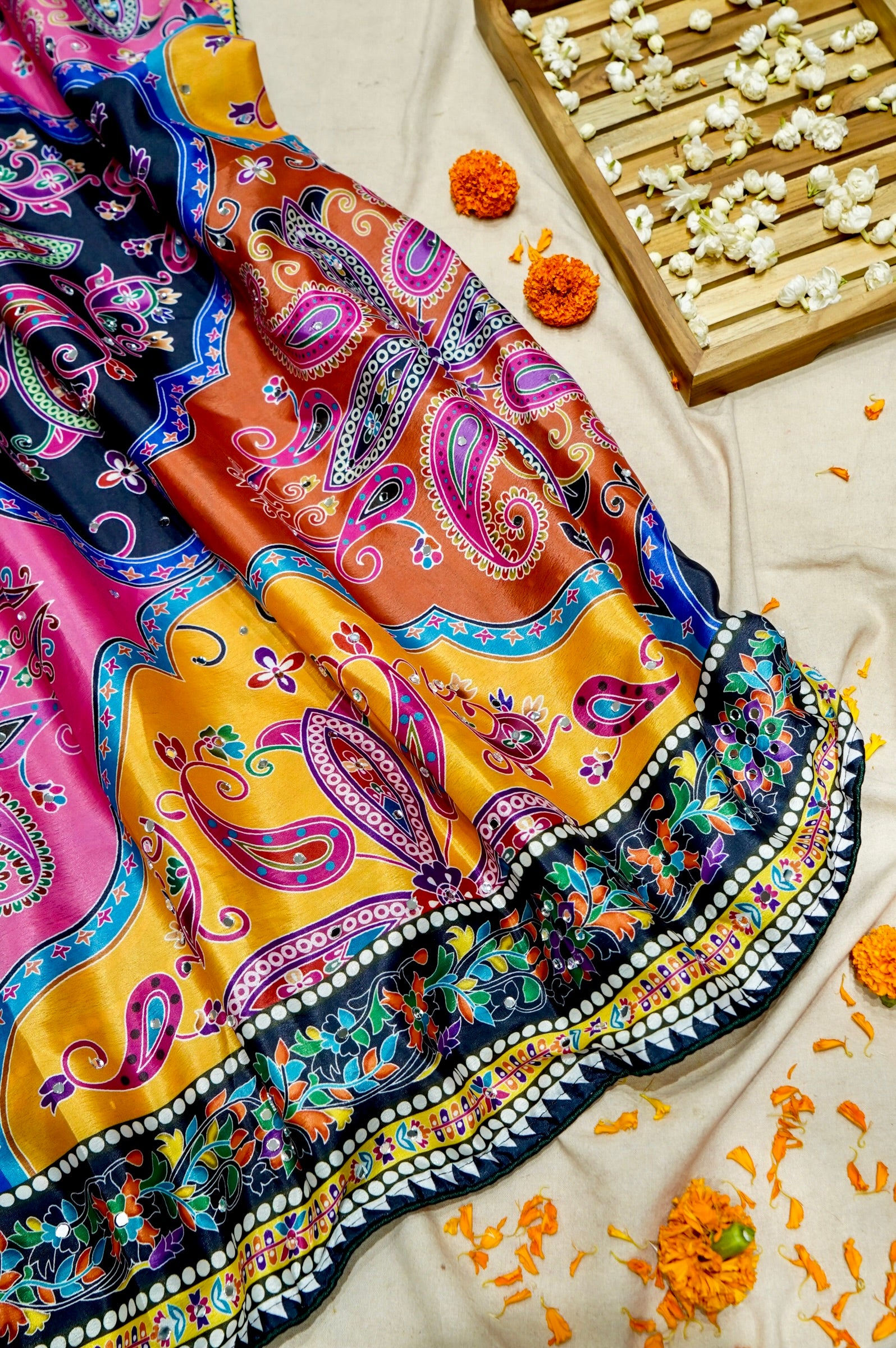 Multicolor Paisley Print Roman Silk Saree with Blue Border