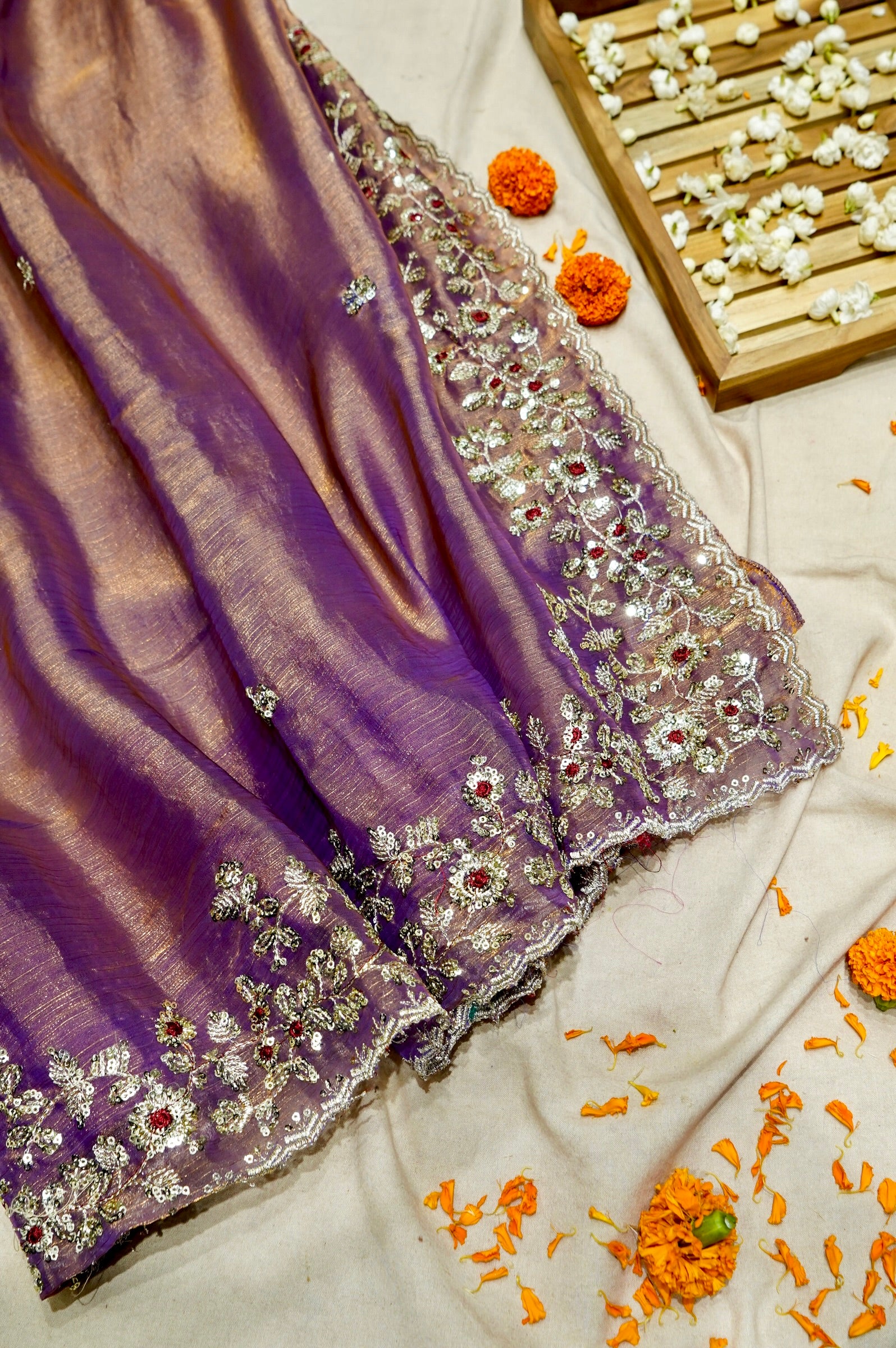 Lavender Purple Designer Chiffon Silk Saree with Sequin Embroidery