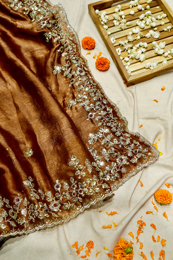 Brownish Copper Designer Chiffon Silk Saree with Sequin Embroidery