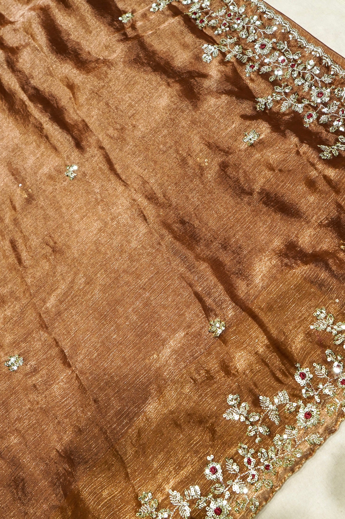 Brownish Copper Designer Chiffon Silk Saree with Sequin Embroidery