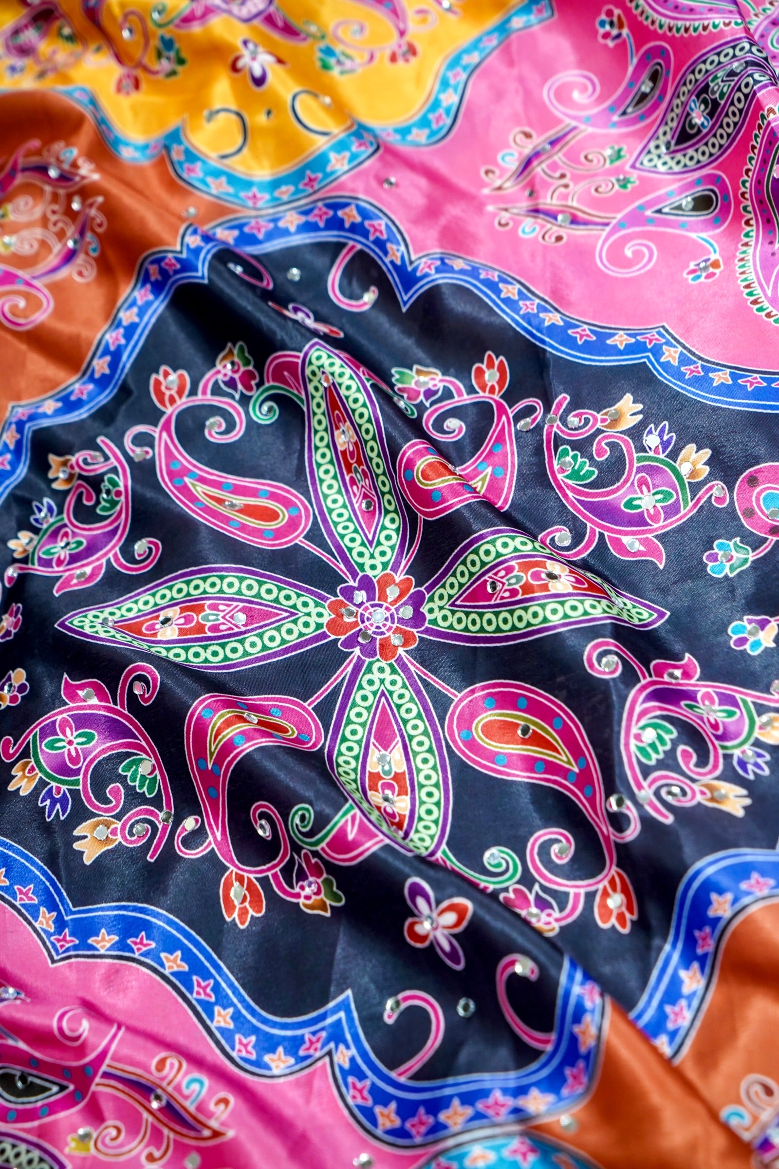 Multicolor Paisley Print Roman Silk Saree with Blue Border