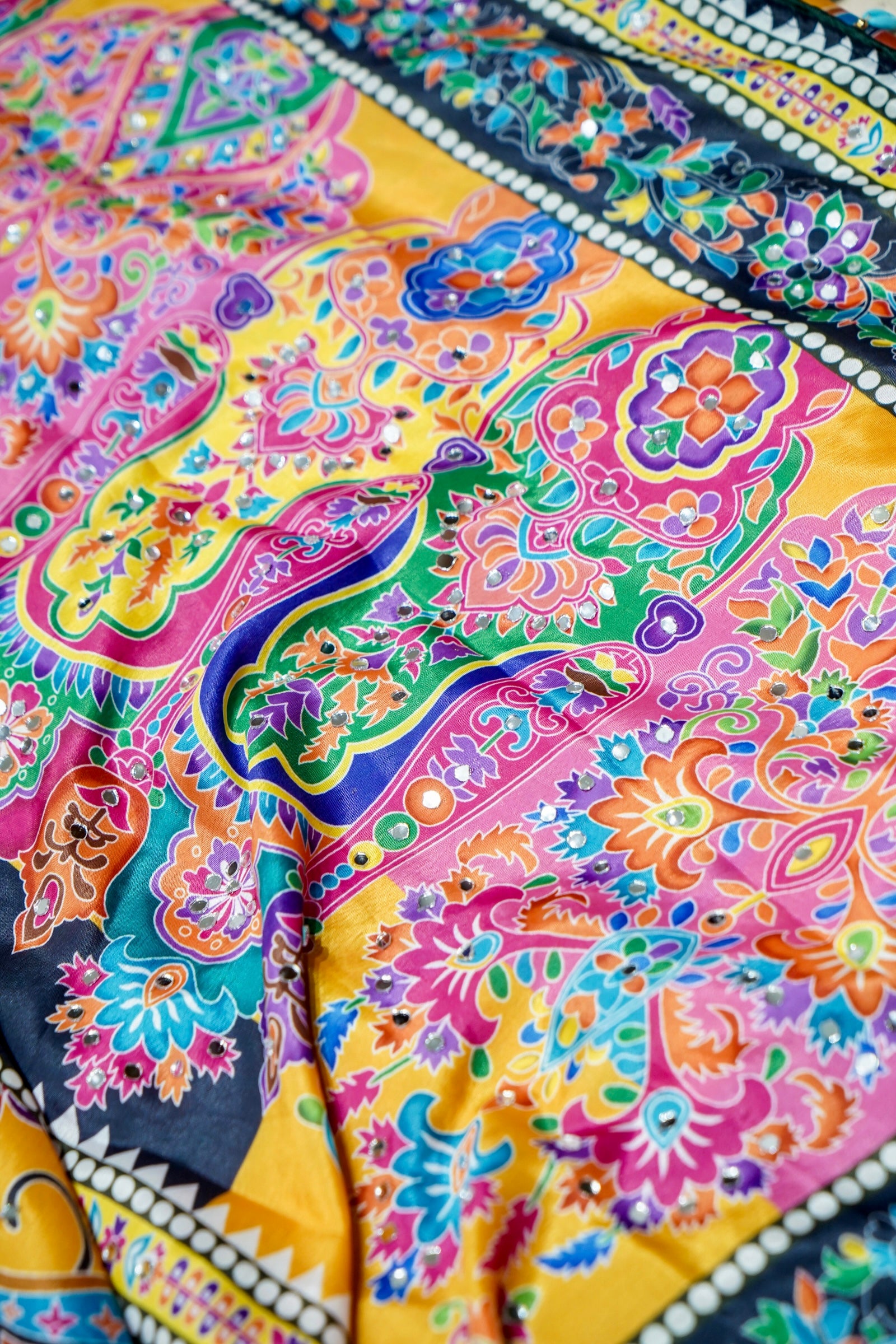 Multicolor Paisley Print Roman Silk Saree with Blue Border