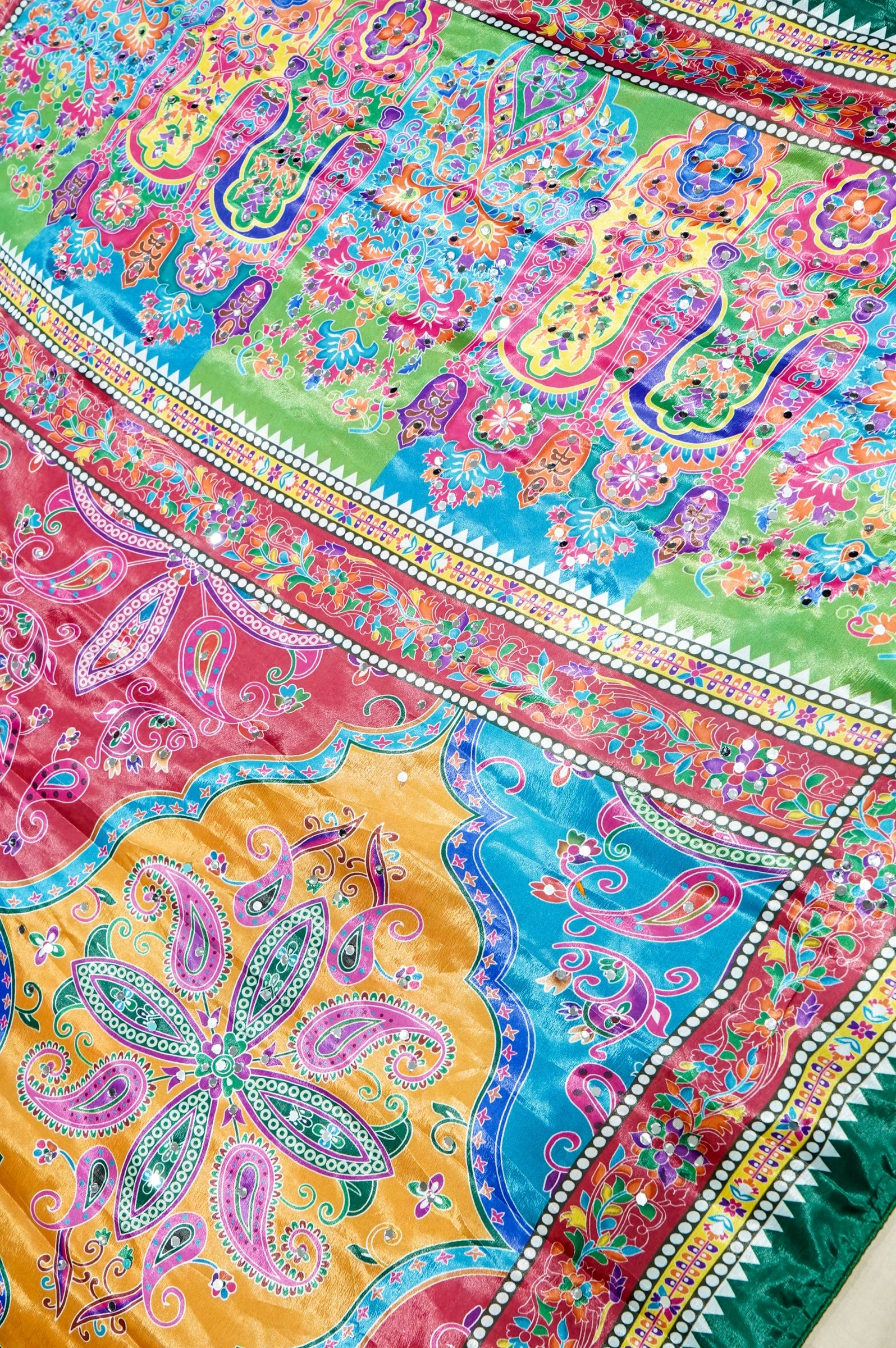 Multicolor Paisley Print Roman Silk Saree with Emerald Border