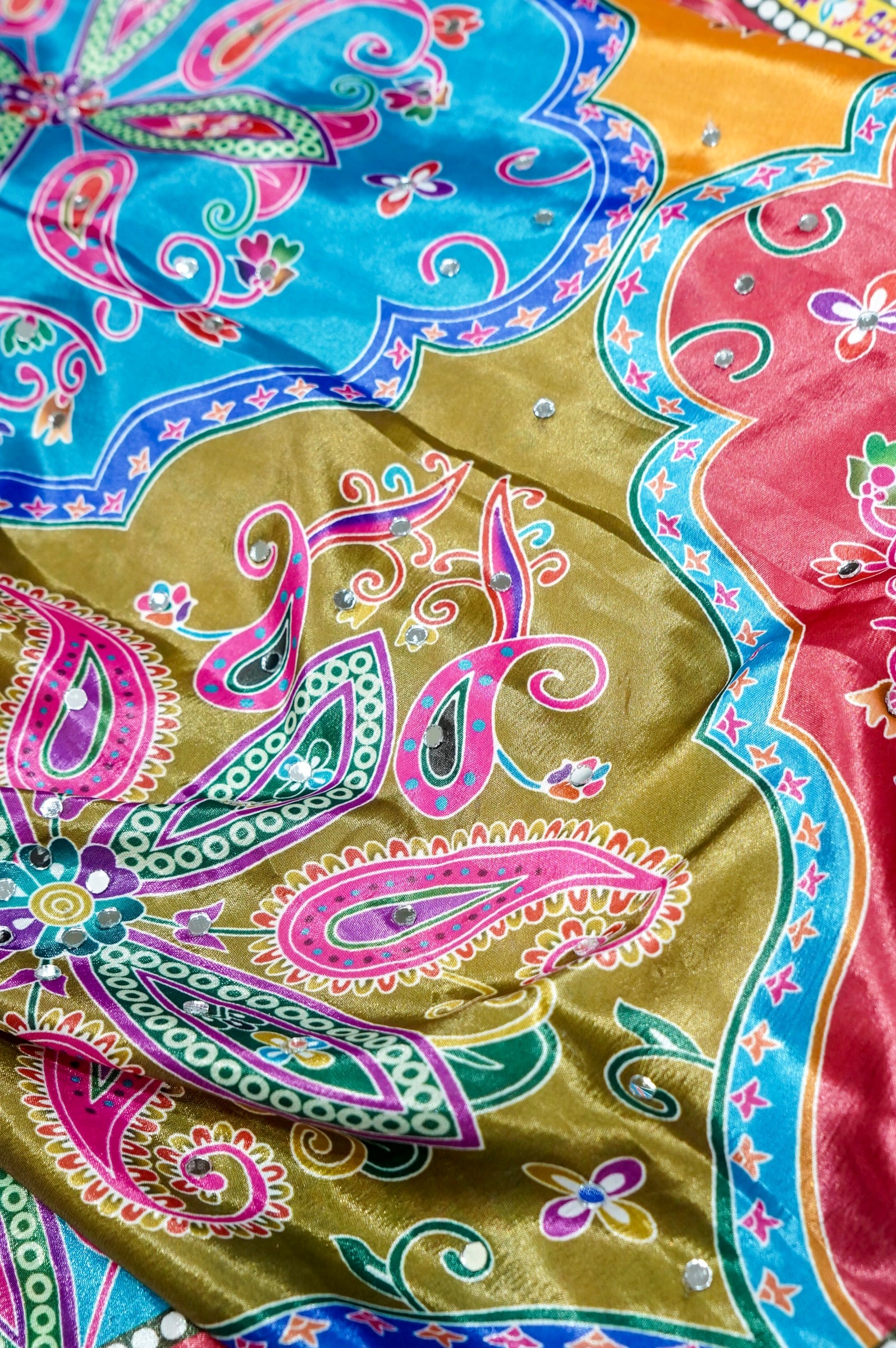 Multicolor Paisley Print Roman Silk Saree with Emerald Border