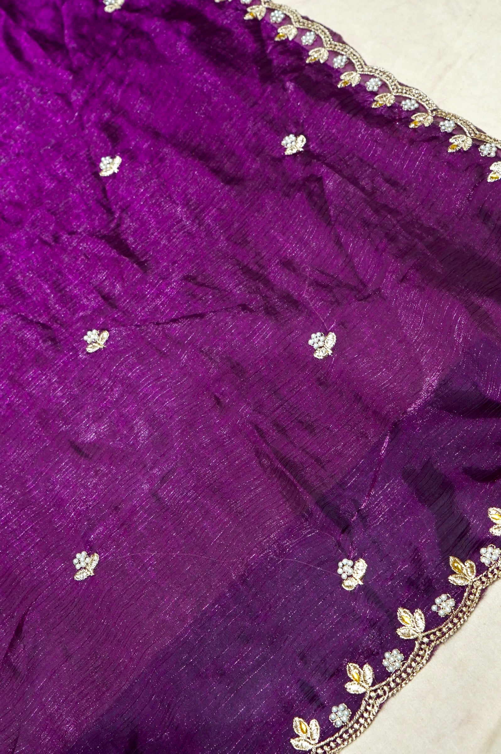 Purple Designer Chiffon Tissue Silk Saree with Contrast Green Blouse