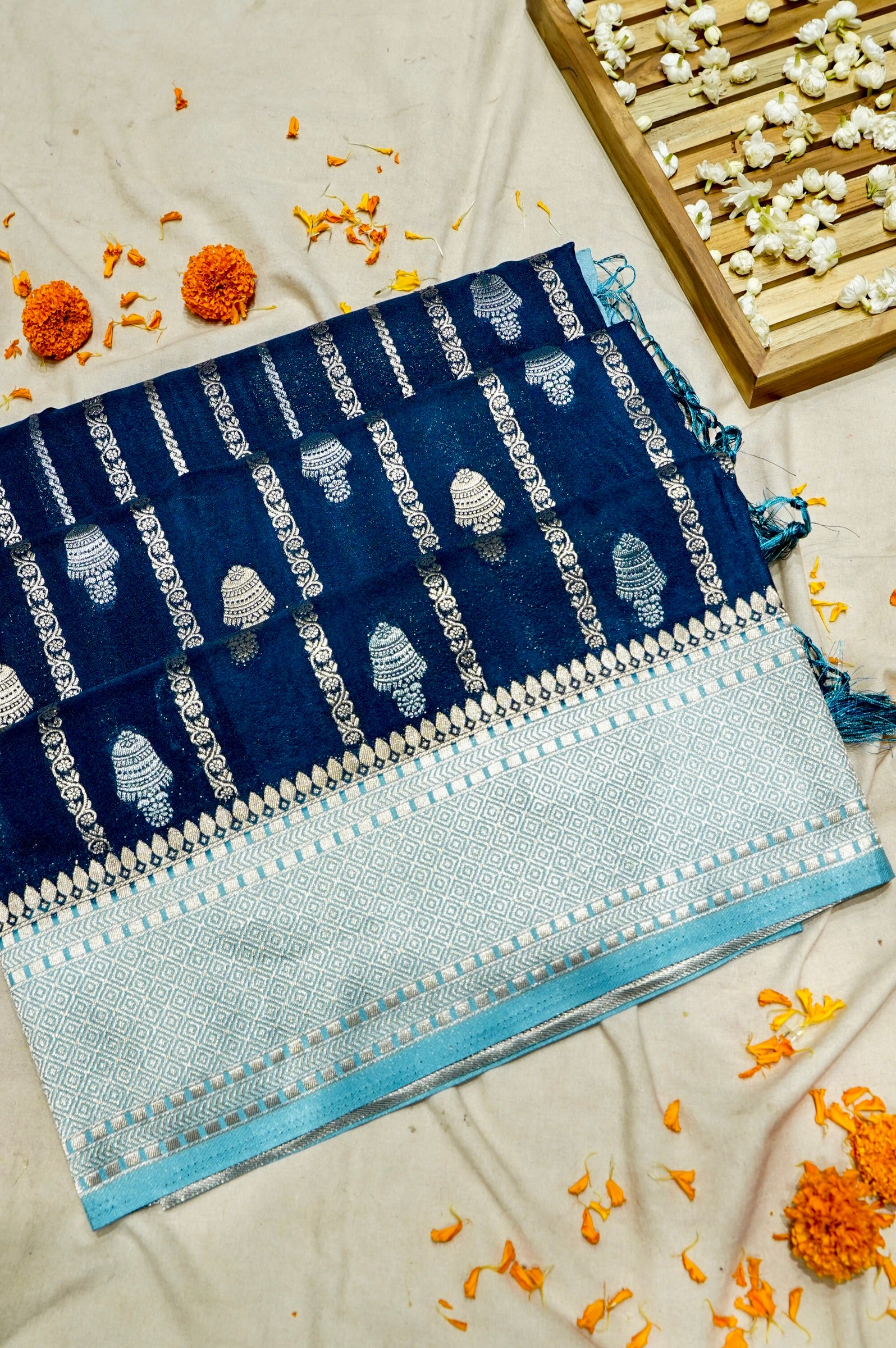 Navy Blue Bell Motifs Crepe Georgette Silk Saree with Ice Blue Border