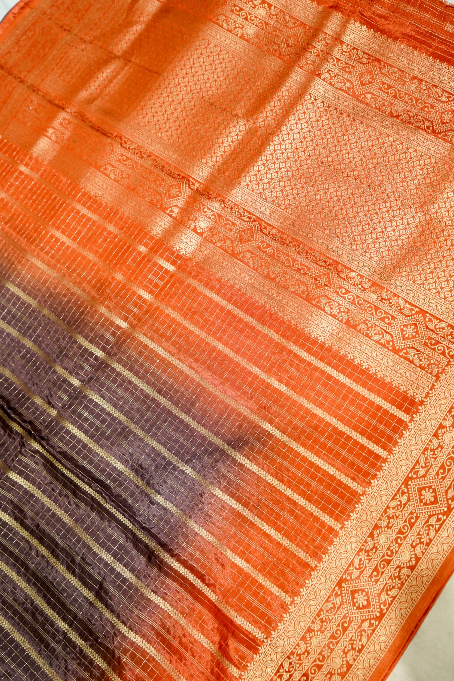 Wine Purple Dola Silk Saree with Rust Orange and Gold Zari Border