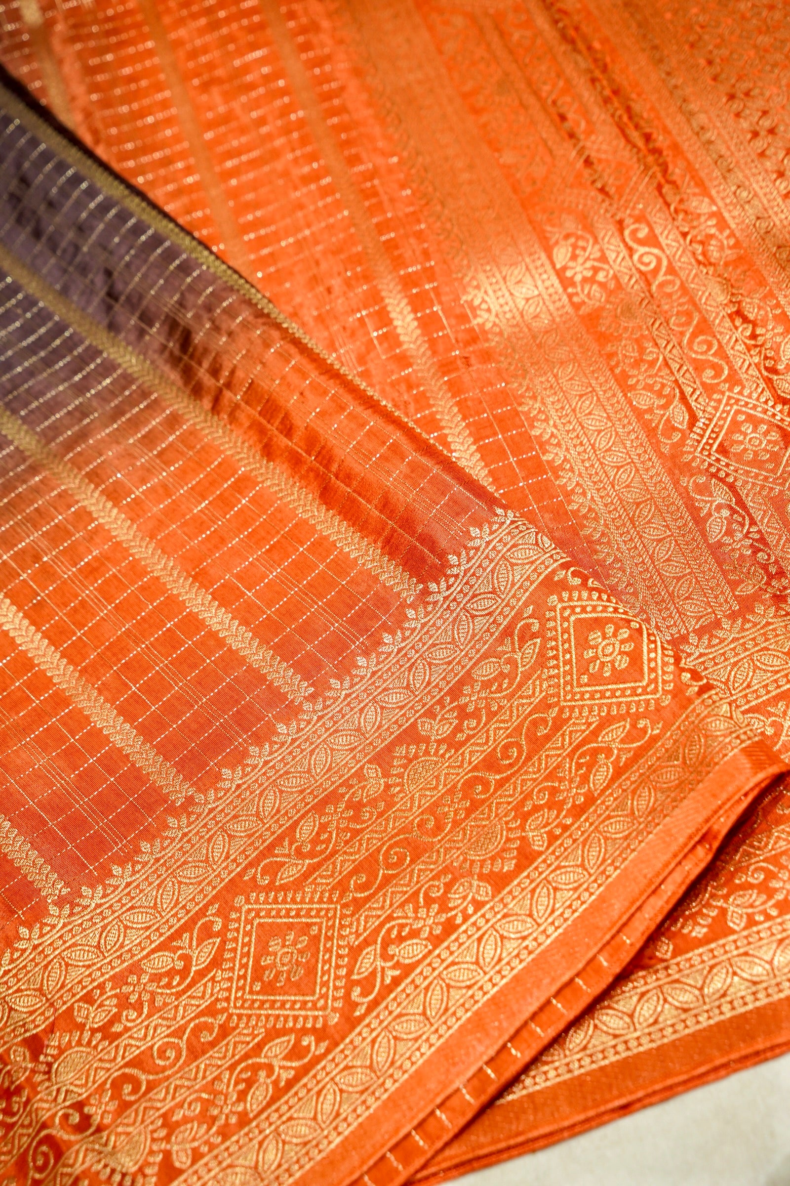 Wine Purple Dola Silk Saree with Rust Orange and Gold Zari Border