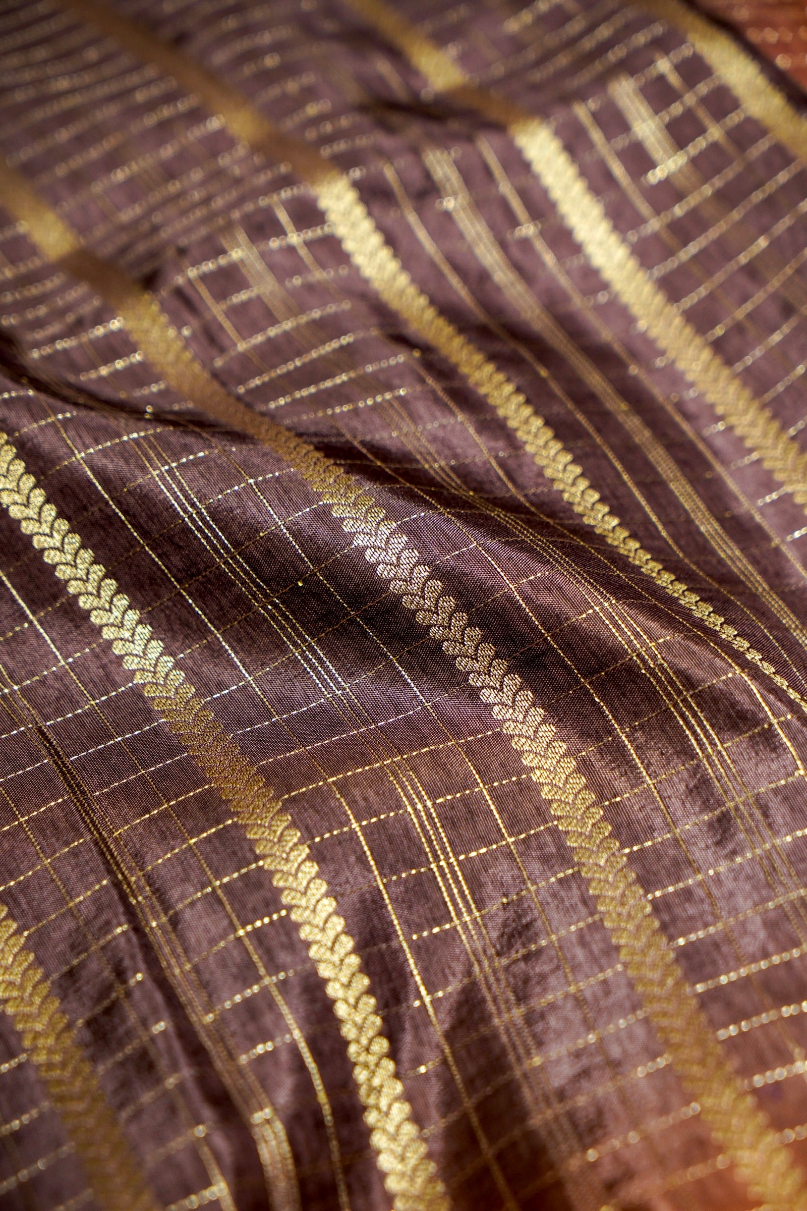 Wine Purple Dola Silk Saree with Rust Orange and Gold Zari Border