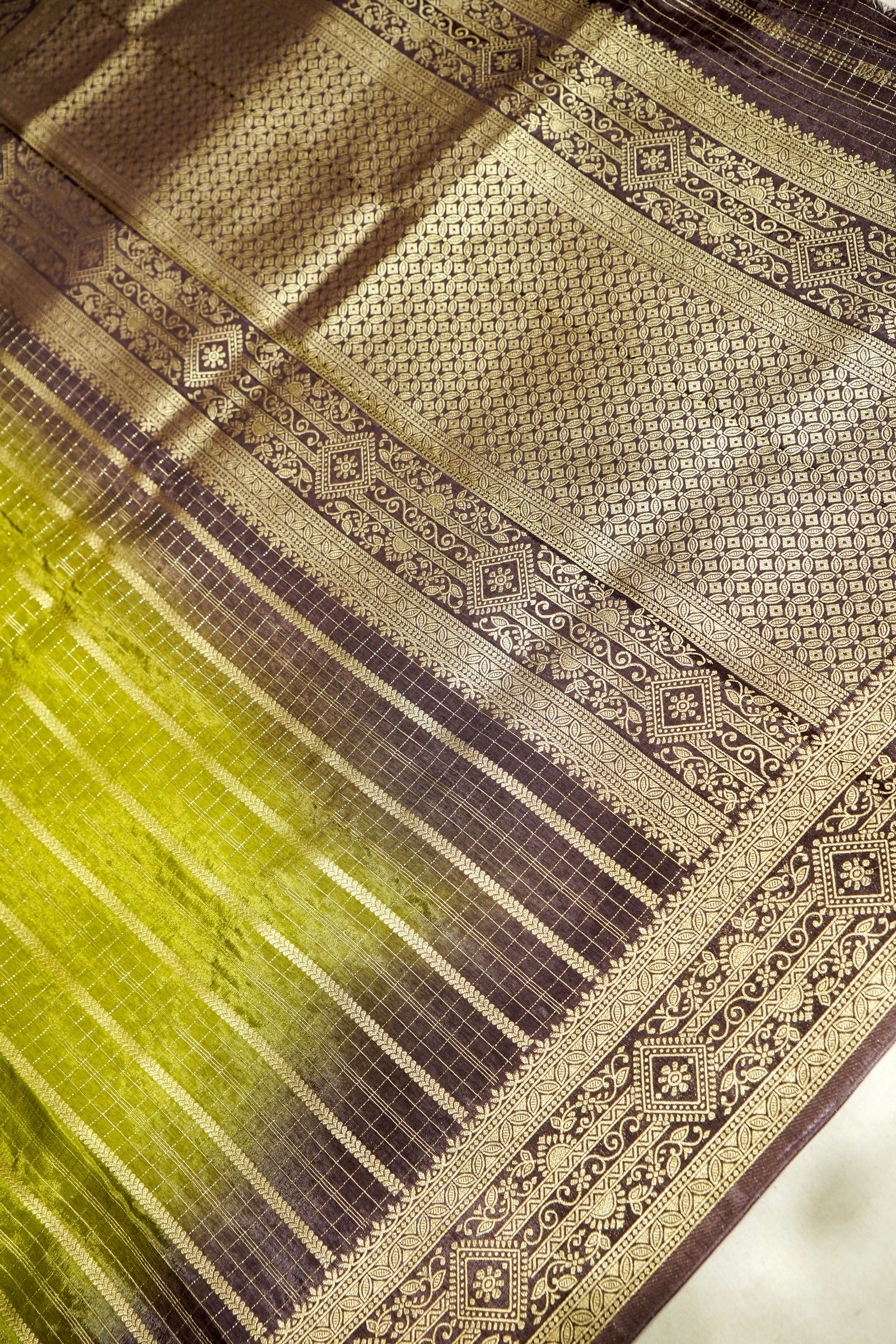 Parrot Green Dola Silk Saree with Dark Brown and Gold Zari Border
