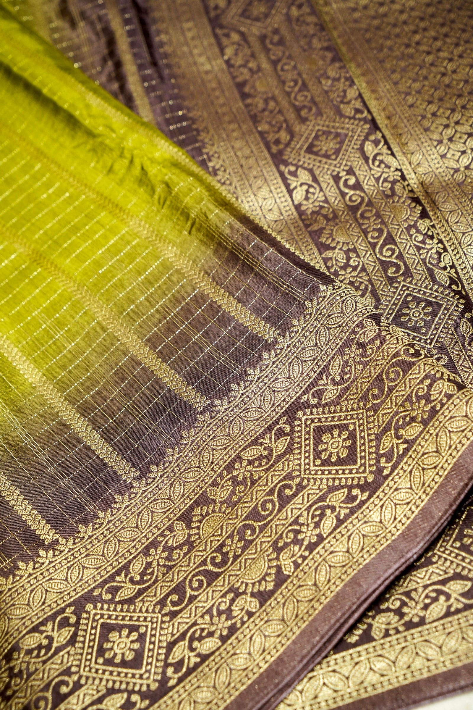 Parrot Green Dola Silk Saree with Dark Brown and Gold Zari Border