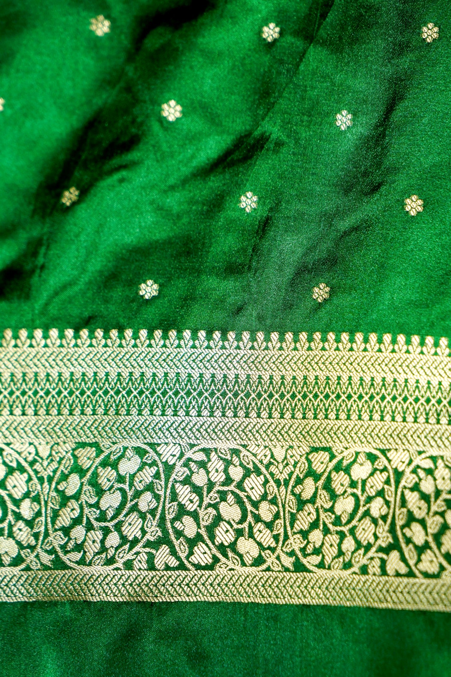 Emerald Green Dola Silk Saree with Gold Zari Border