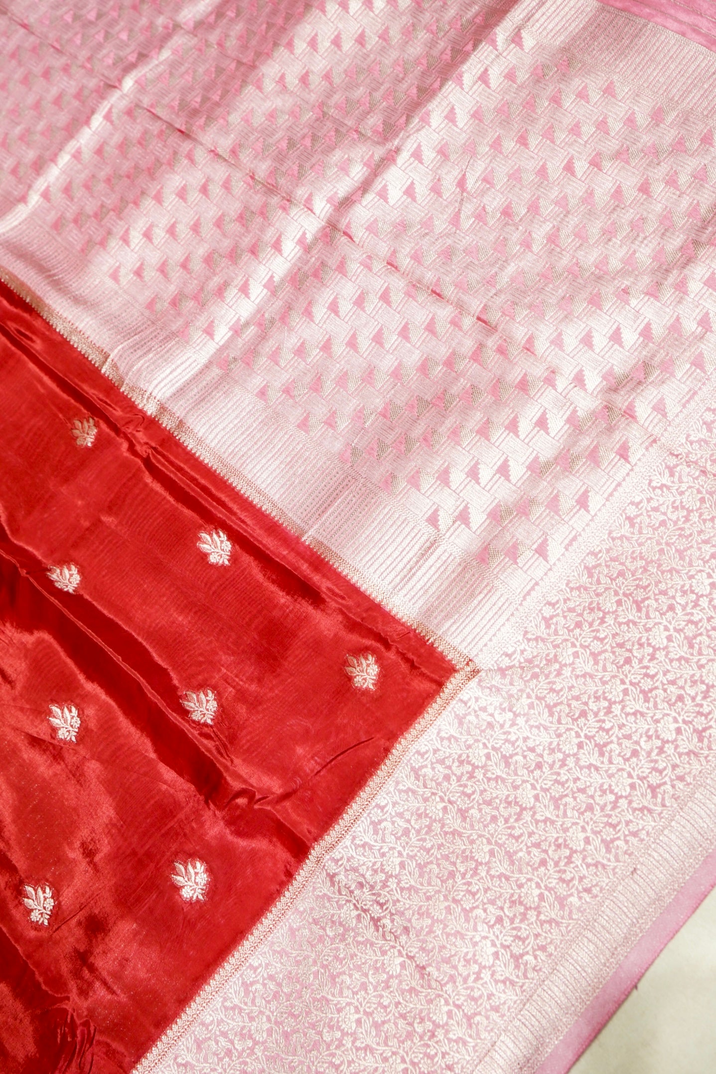 Coral Red Dola Silk Saree with Baby Pink and Champagne Zari Border