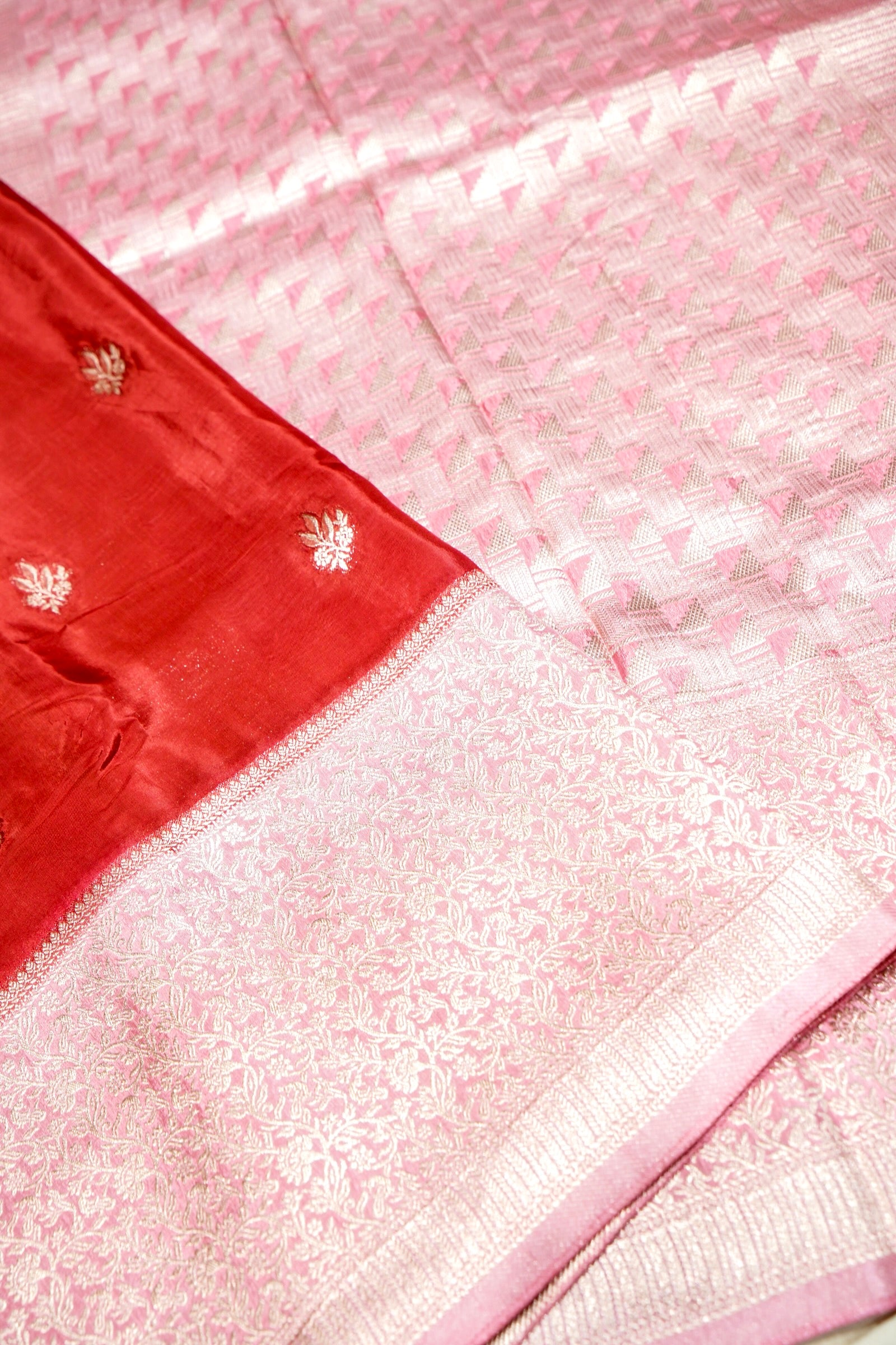 Coral Red Dola Silk Saree with Baby Pink and Champagne Zari Border