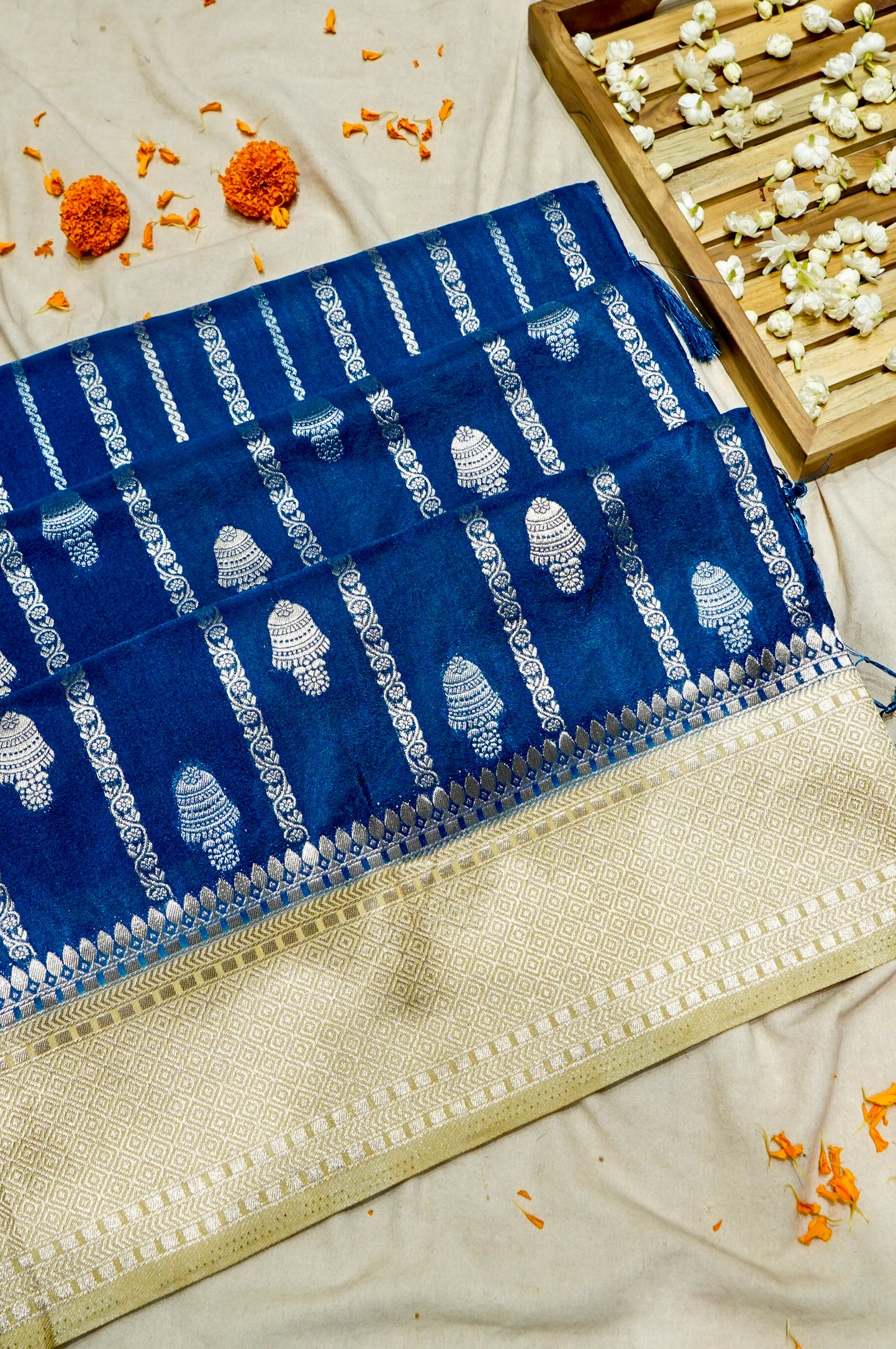 Royal Blue Bell Motifs Crepe Georgette Silk Saree with Champagne Border