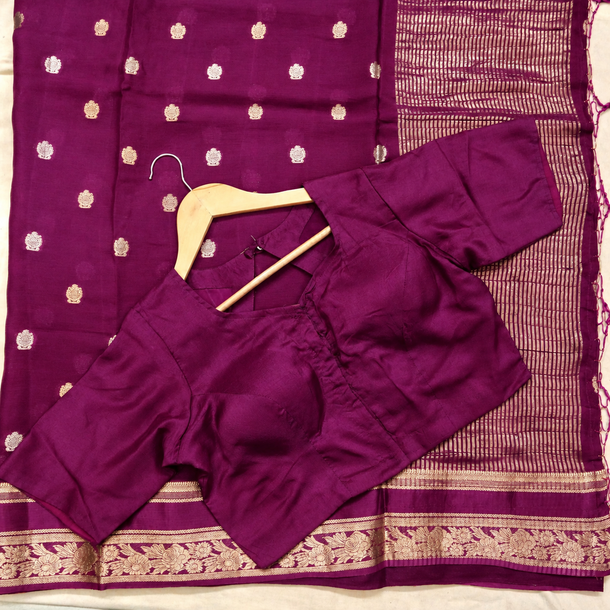 Royal Purple Floral Zari Chiffon Saree with Stitched Blouse
