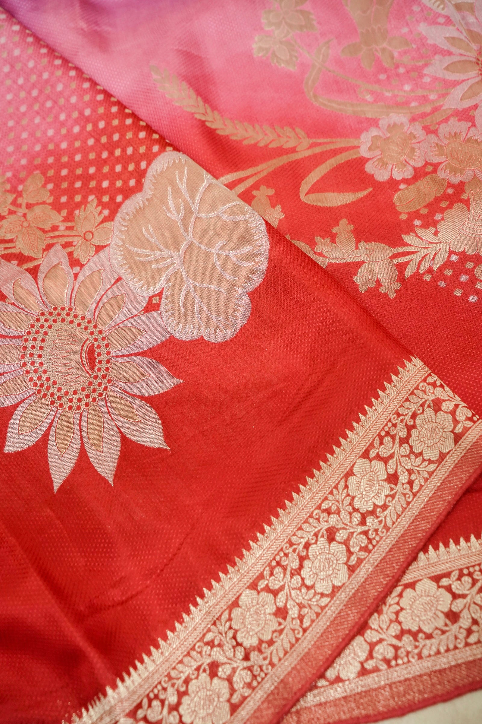 Dual Tone Orchid Purple & Red Pure Crepe Silk Saree