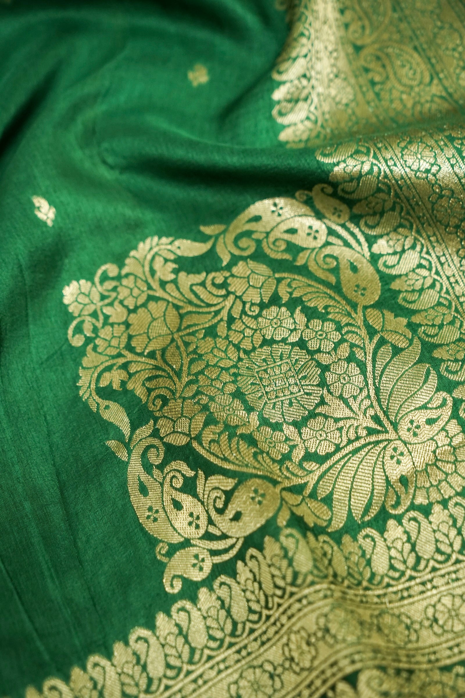 Emerald Green Dupion Silk Saree with Gold Zari Border