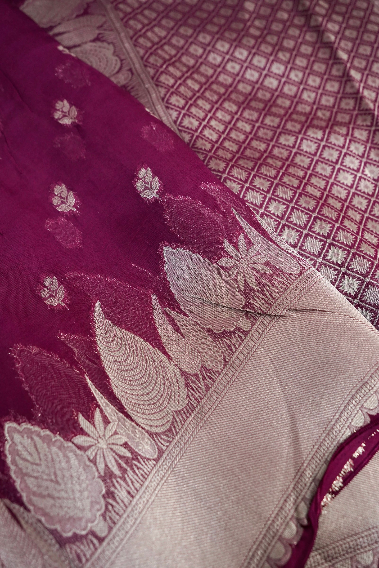 Deep Wine Crepe Georgette Silk Saree with Silver Zari Border