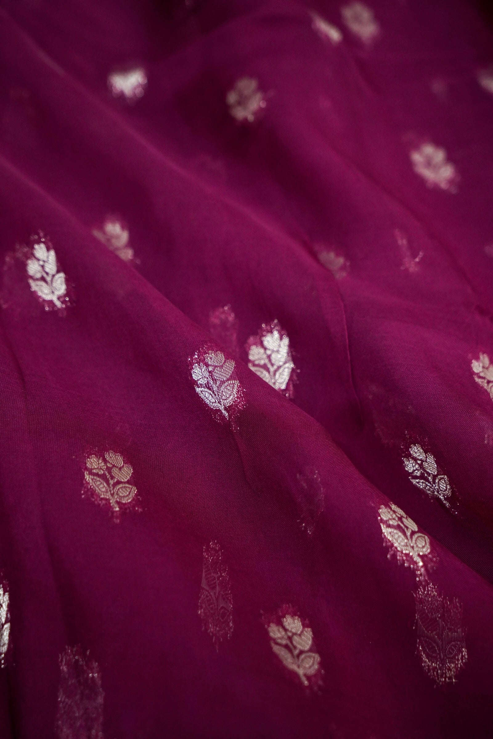 Deep Wine Crepe Georgette Silk Saree with Silver Zari Border
