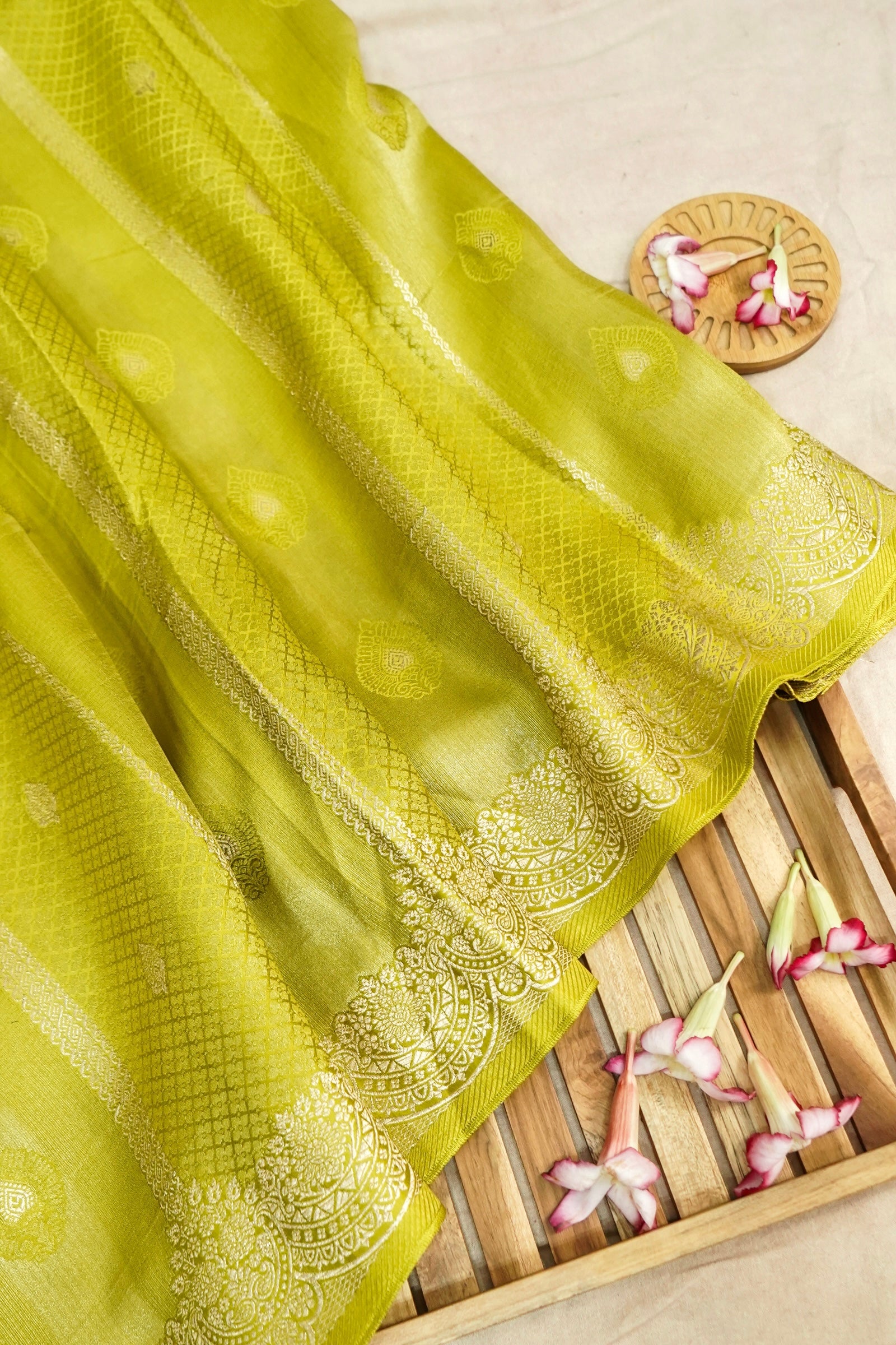 Lime Yellow Tissue Katan Silk Saree