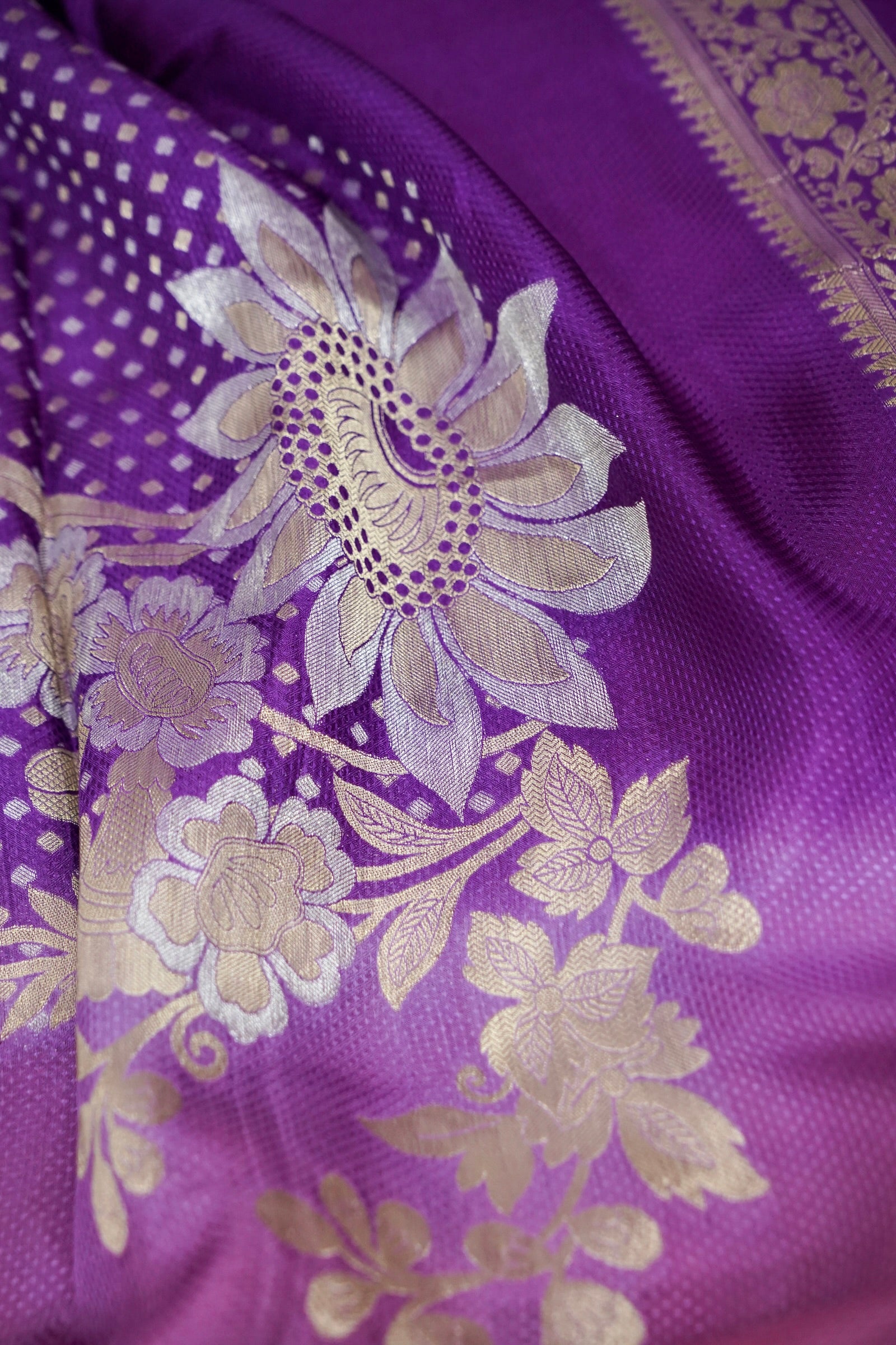Dual Tone Orchid Purple & Red Pure Crepe Silk Saree