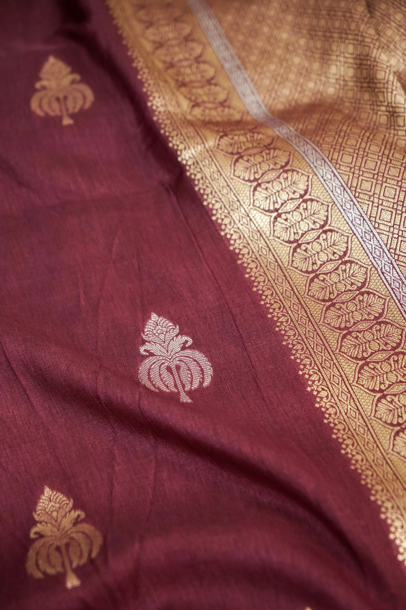 Wine Maroon Dupion Silk Saree with Gold Striped Border
