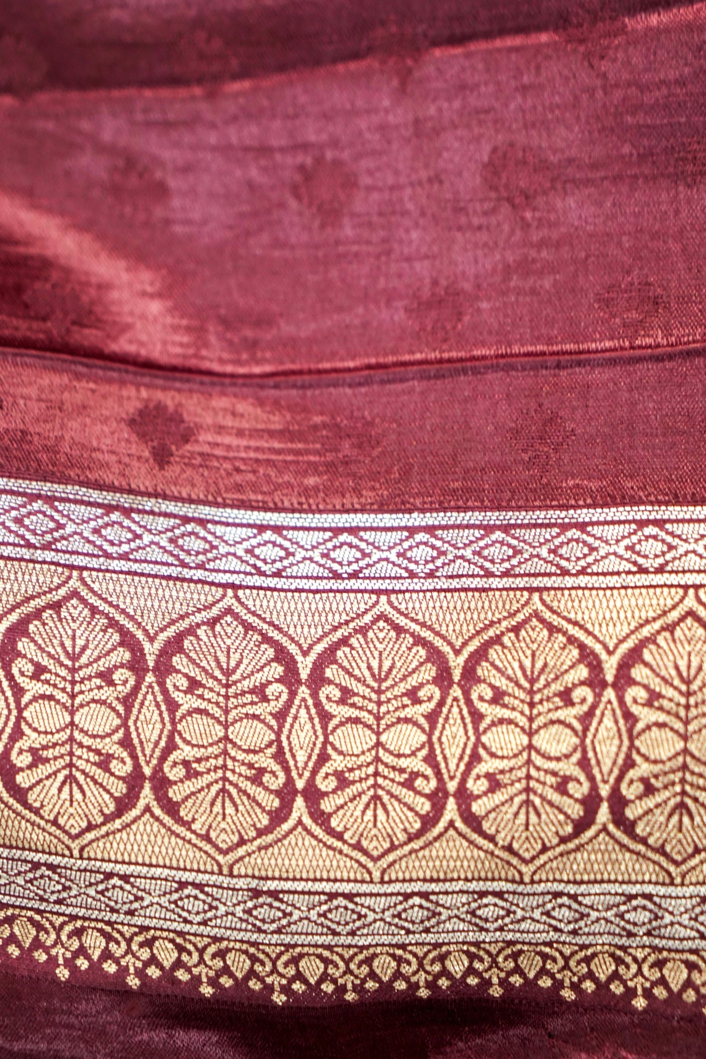 Wine Maroon Dupion Silk Saree with Gold Striped Border