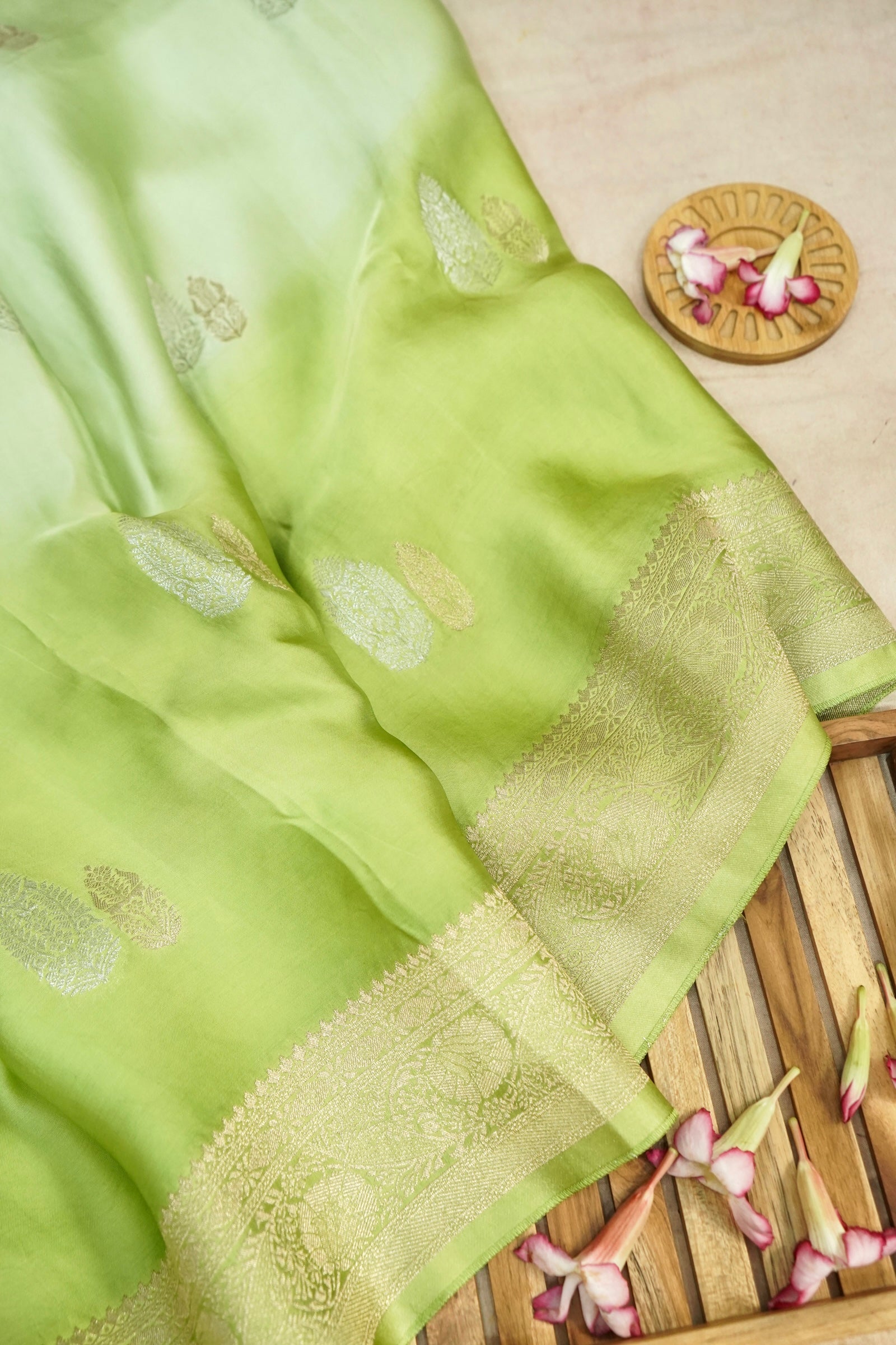 Pastel Pistachio Green Mashru Silk Saree with Gold Zari Border