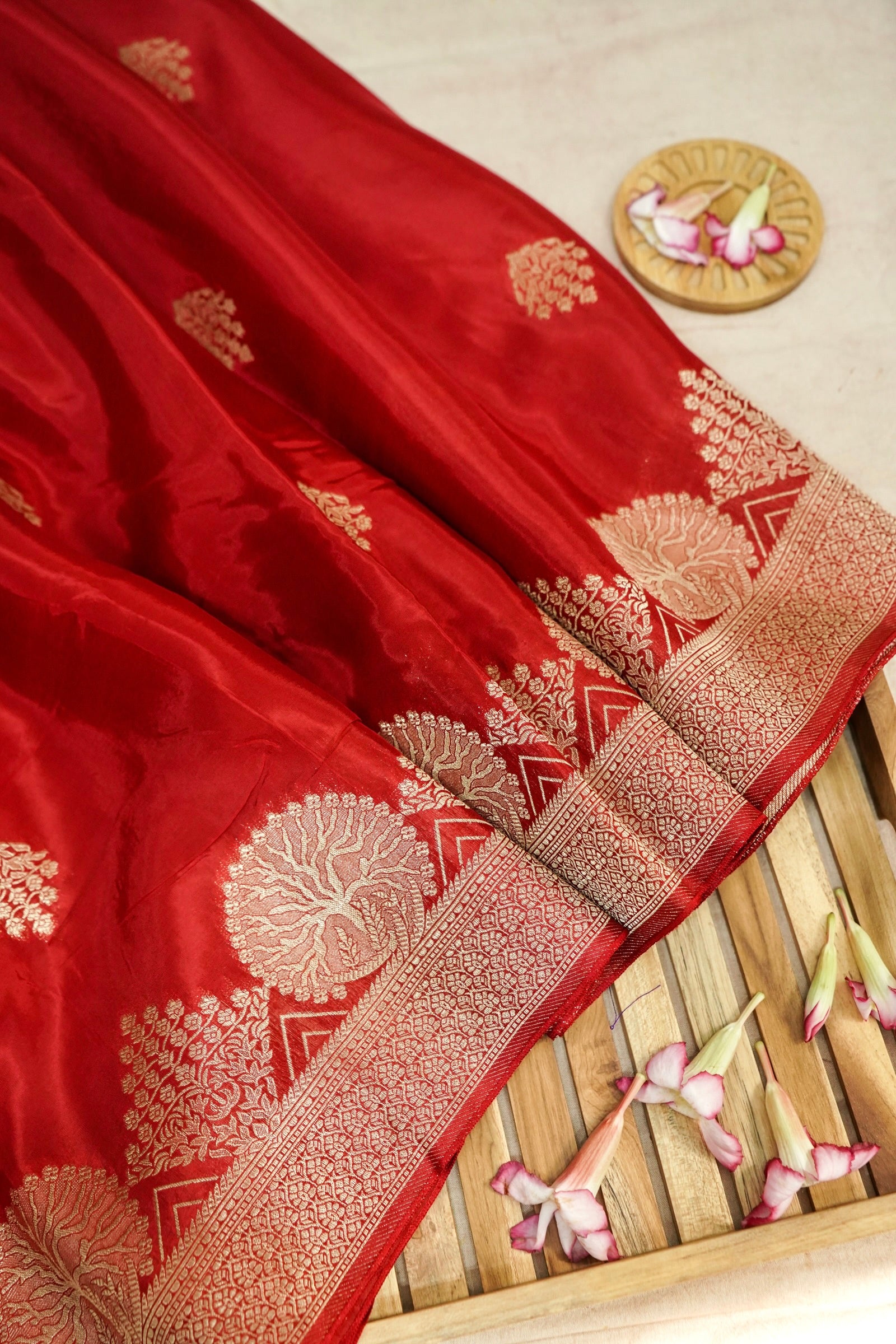Classic Vermilion Red Muslin Silk Saree with Gold Zari Border