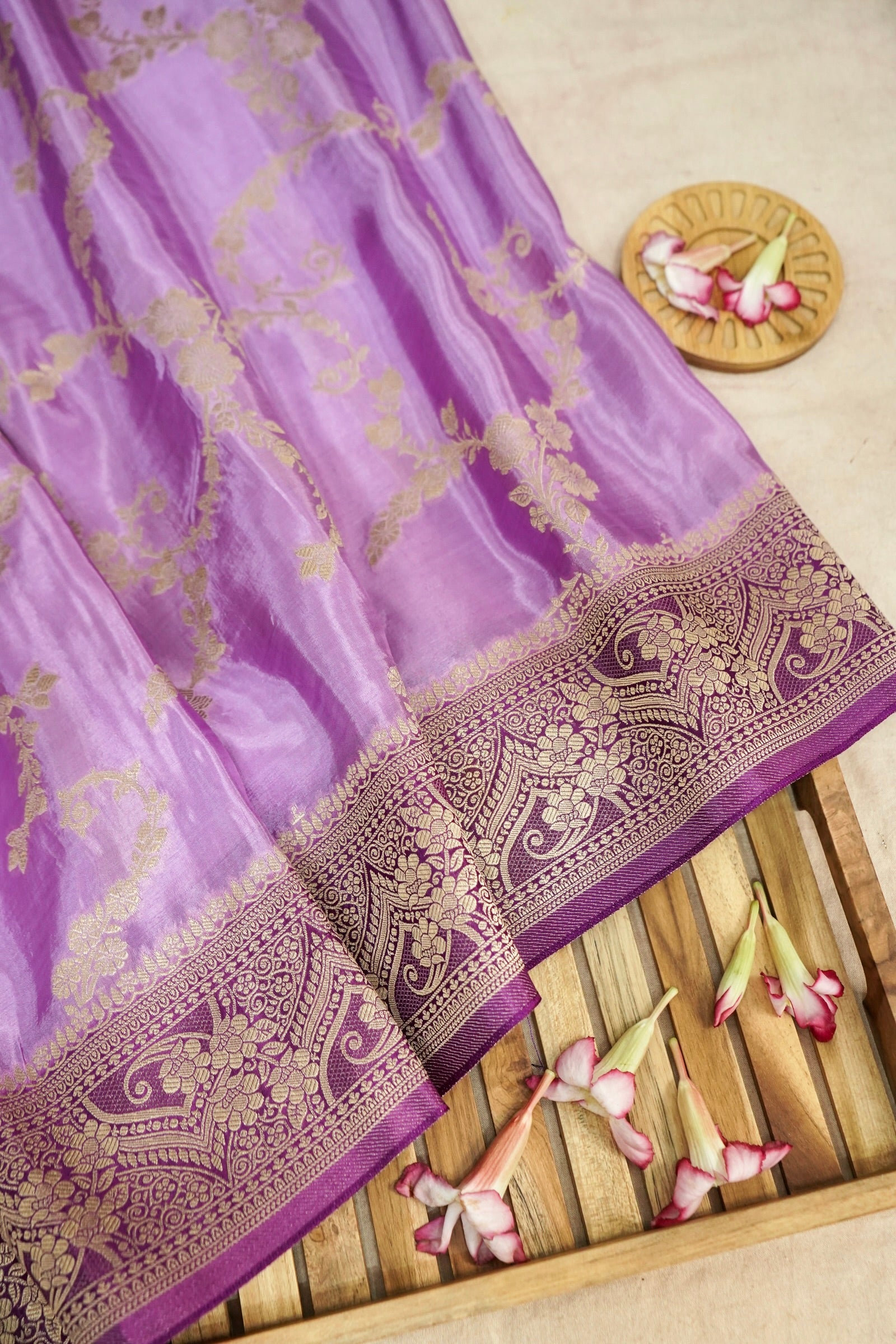 Soft Lilac Lavender Muslin Silk Saree with Purple Zari Border
