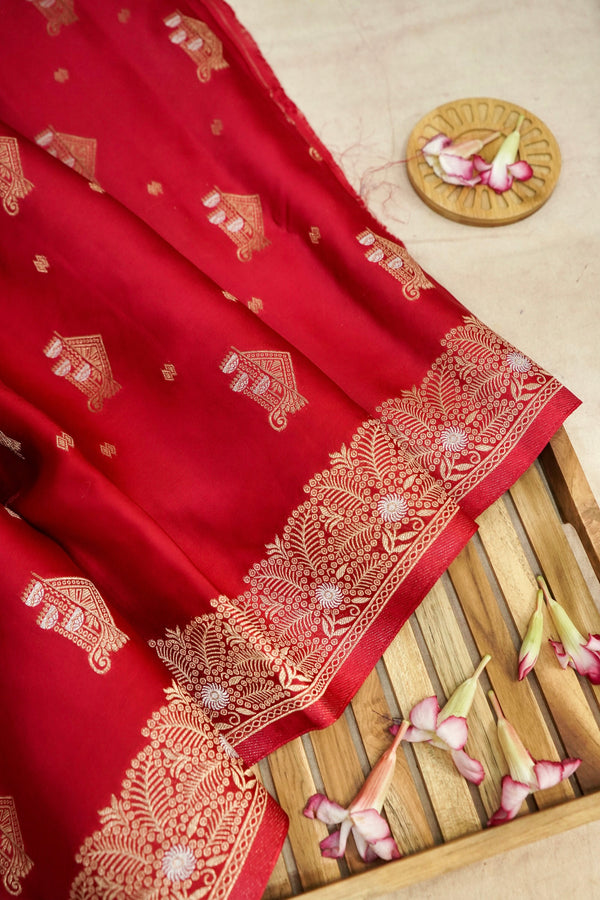 Bright Crimson Red Mashru Silk Saree with Gold Zari Floral Border