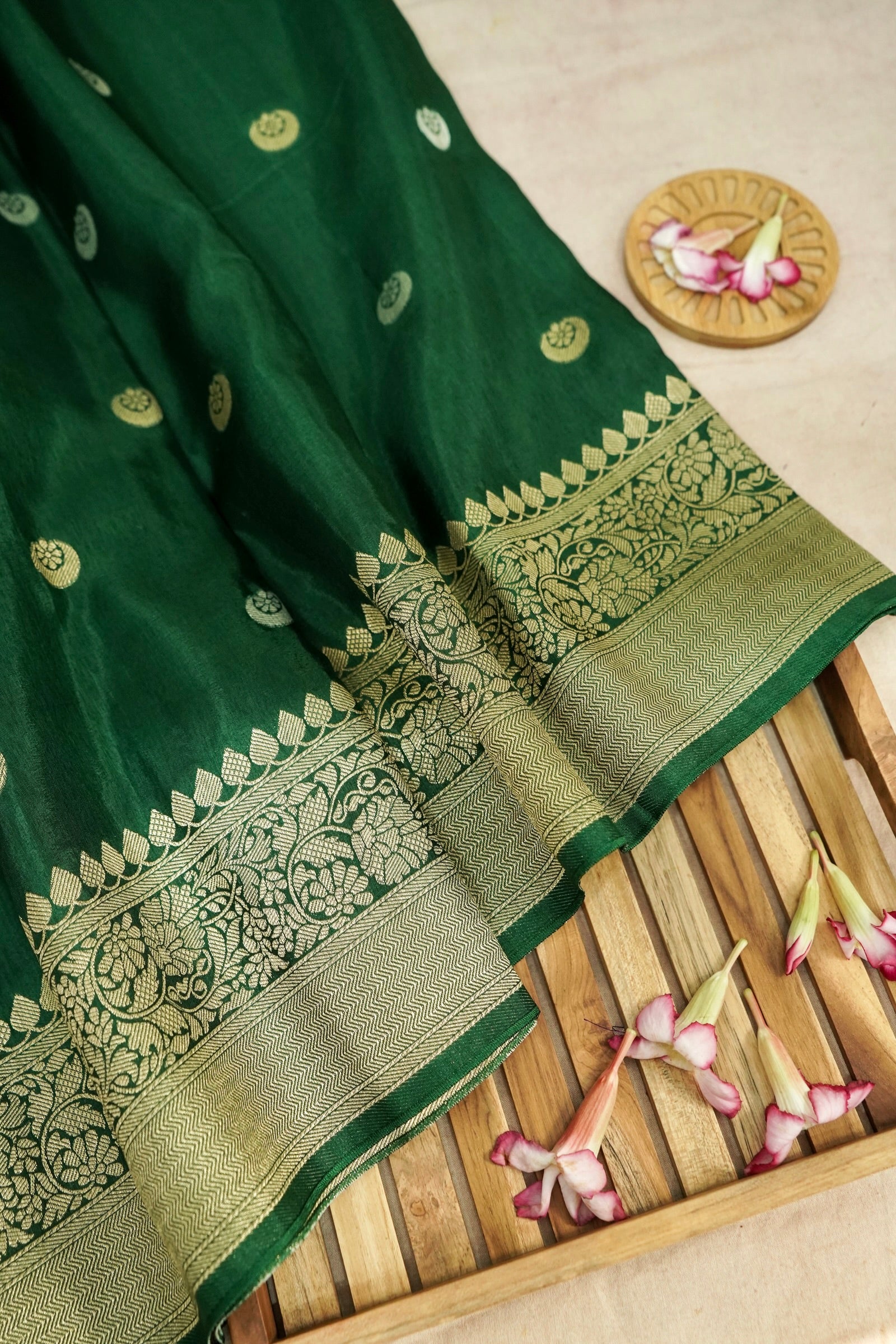 Forest Green Dupion Silk Saree with Gold Zari Border