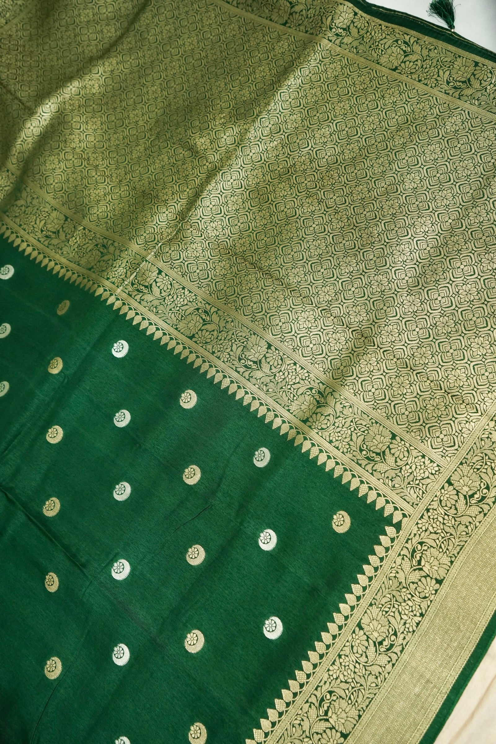 Forest Green Dupion Silk Saree with Gold Zari Border