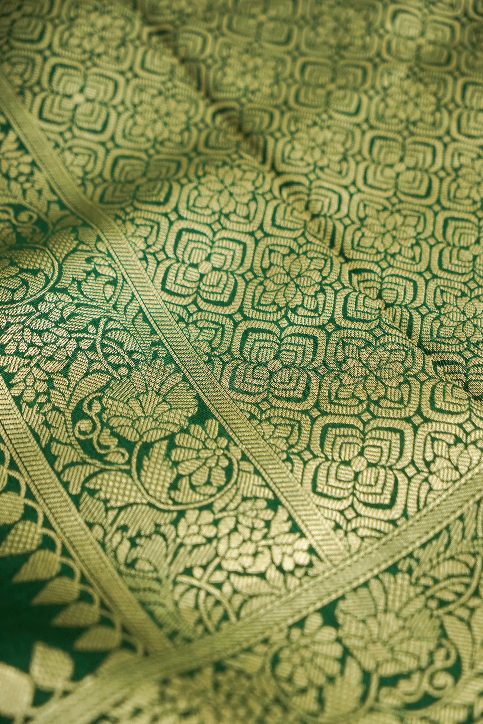 Forest Green Dupion Silk Saree with Gold Zari Border