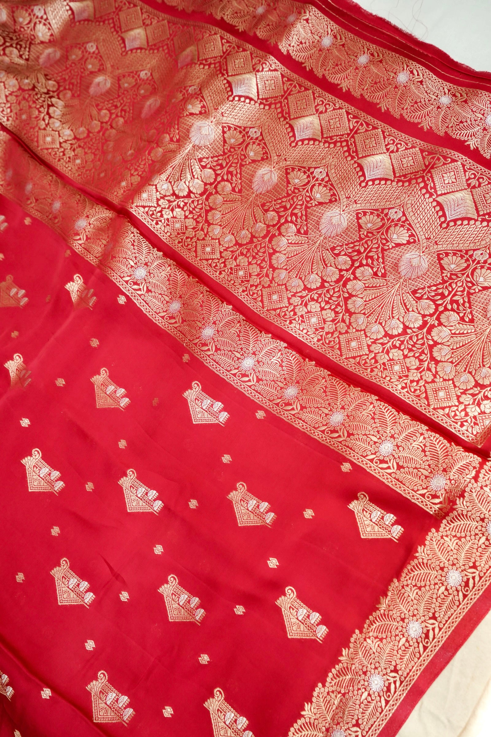Bright Crimson Red Mashru Silk Saree with Gold Zari Floral Border