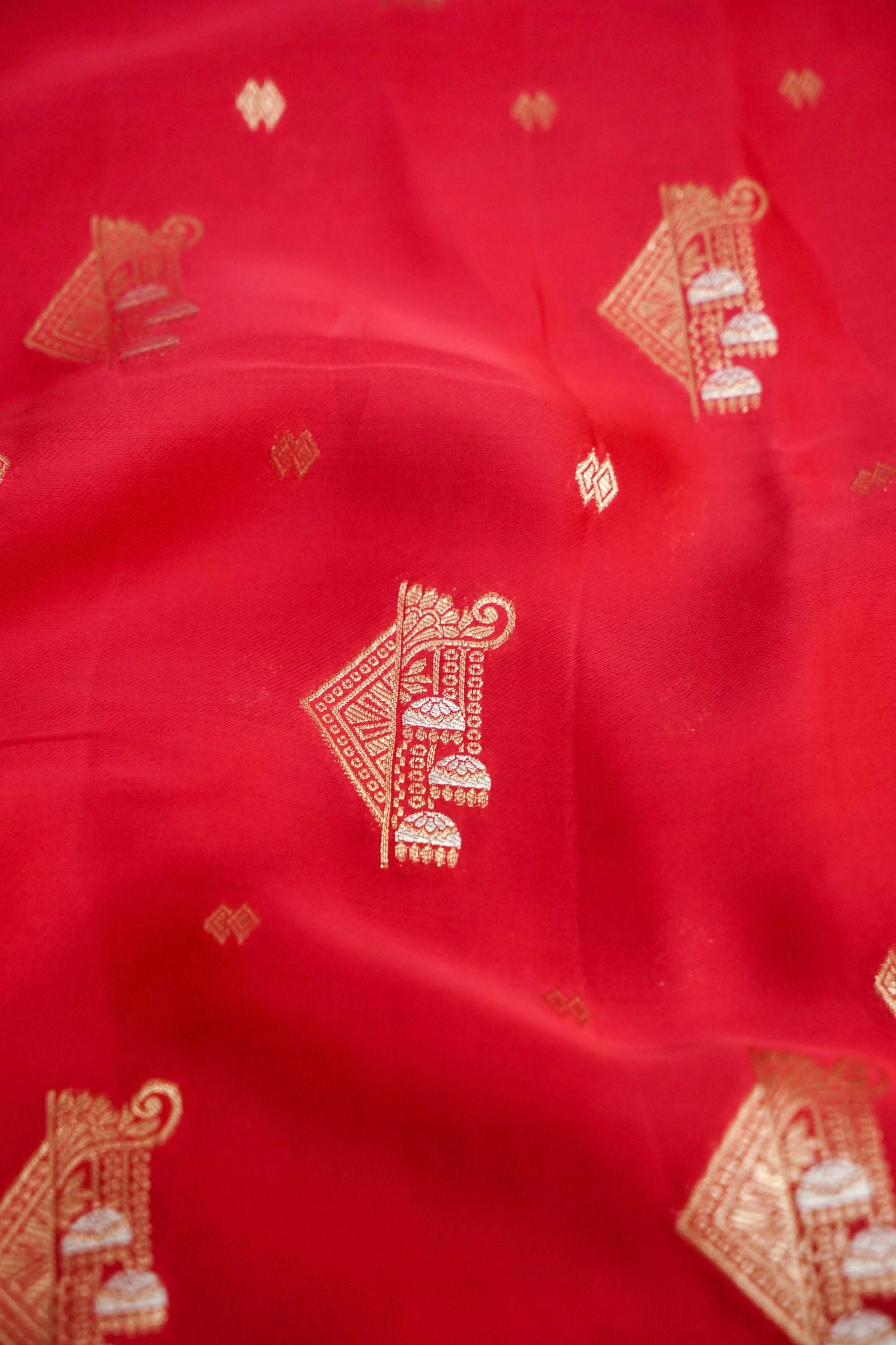 Bright Crimson Red Mashru Silk Saree with Gold Zari Floral Border