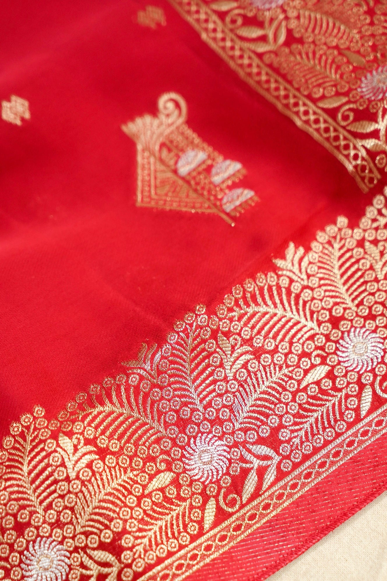 Bright Crimson Red Mashru Silk Saree with Gold Zari Floral Border