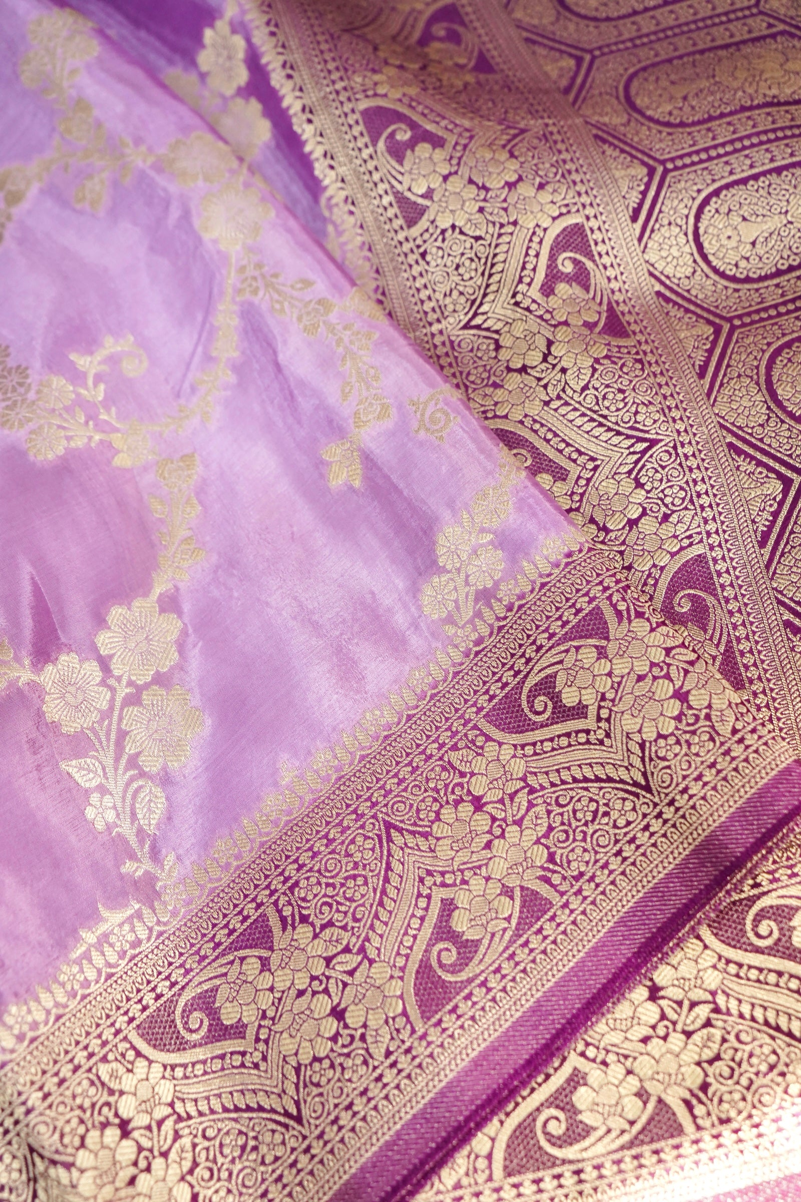 Soft Lilac Lavender Muslin Silk Saree with Purple Zari Border