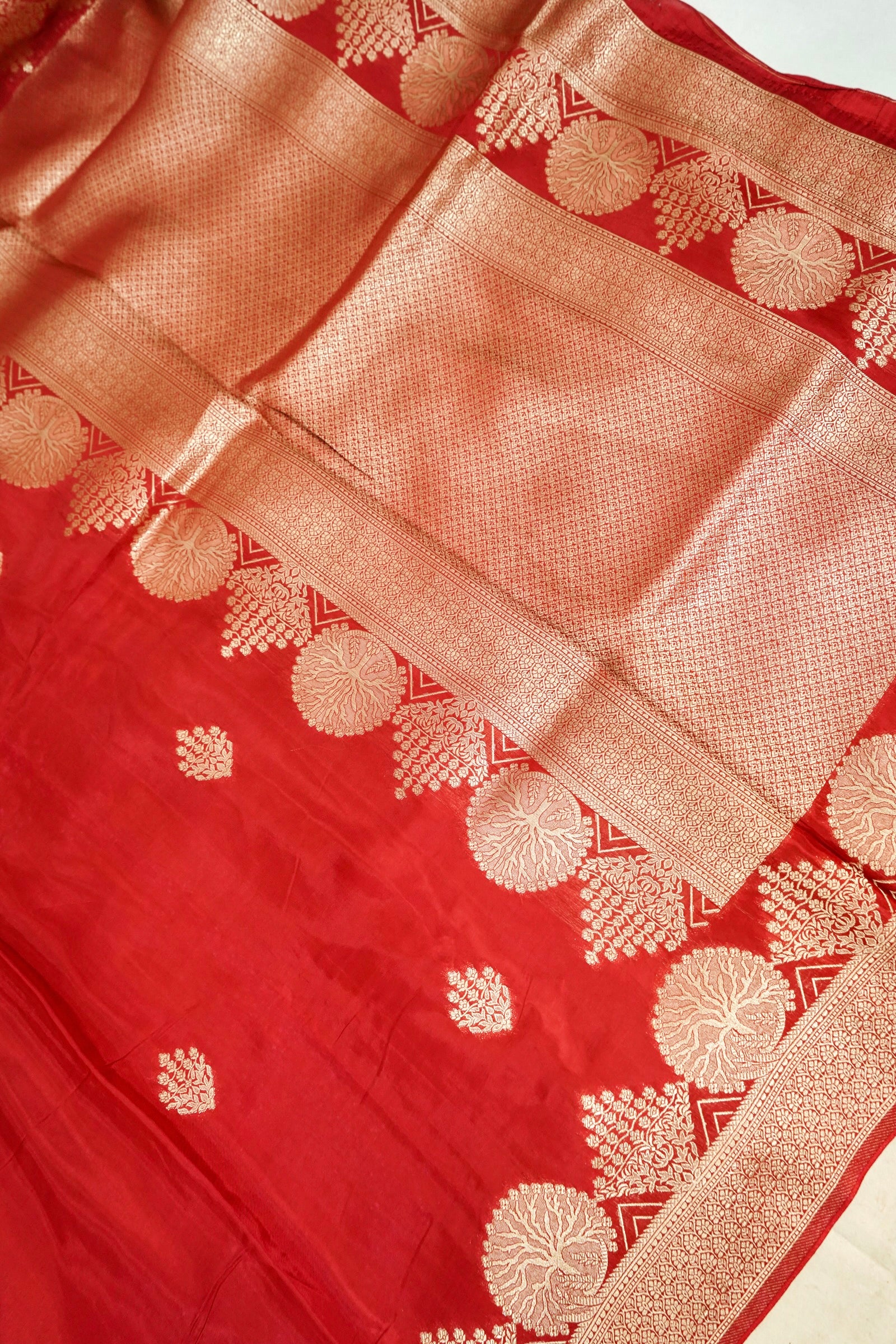 Classic Vermilion Red Muslin Silk Saree with Gold Zari Border