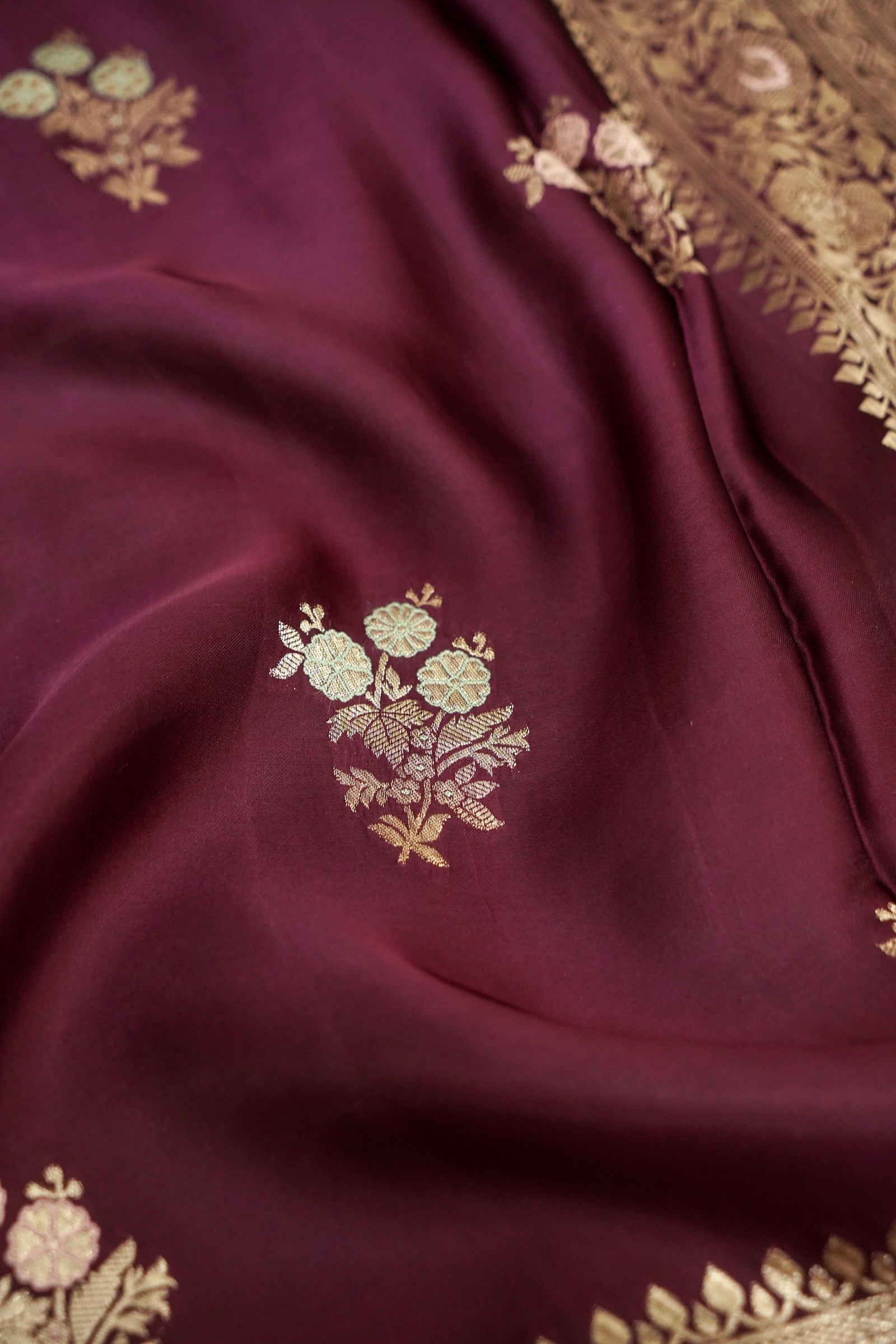Deep Burgundy Wine Mashru Silk Saree with Gold Zari Floral Border