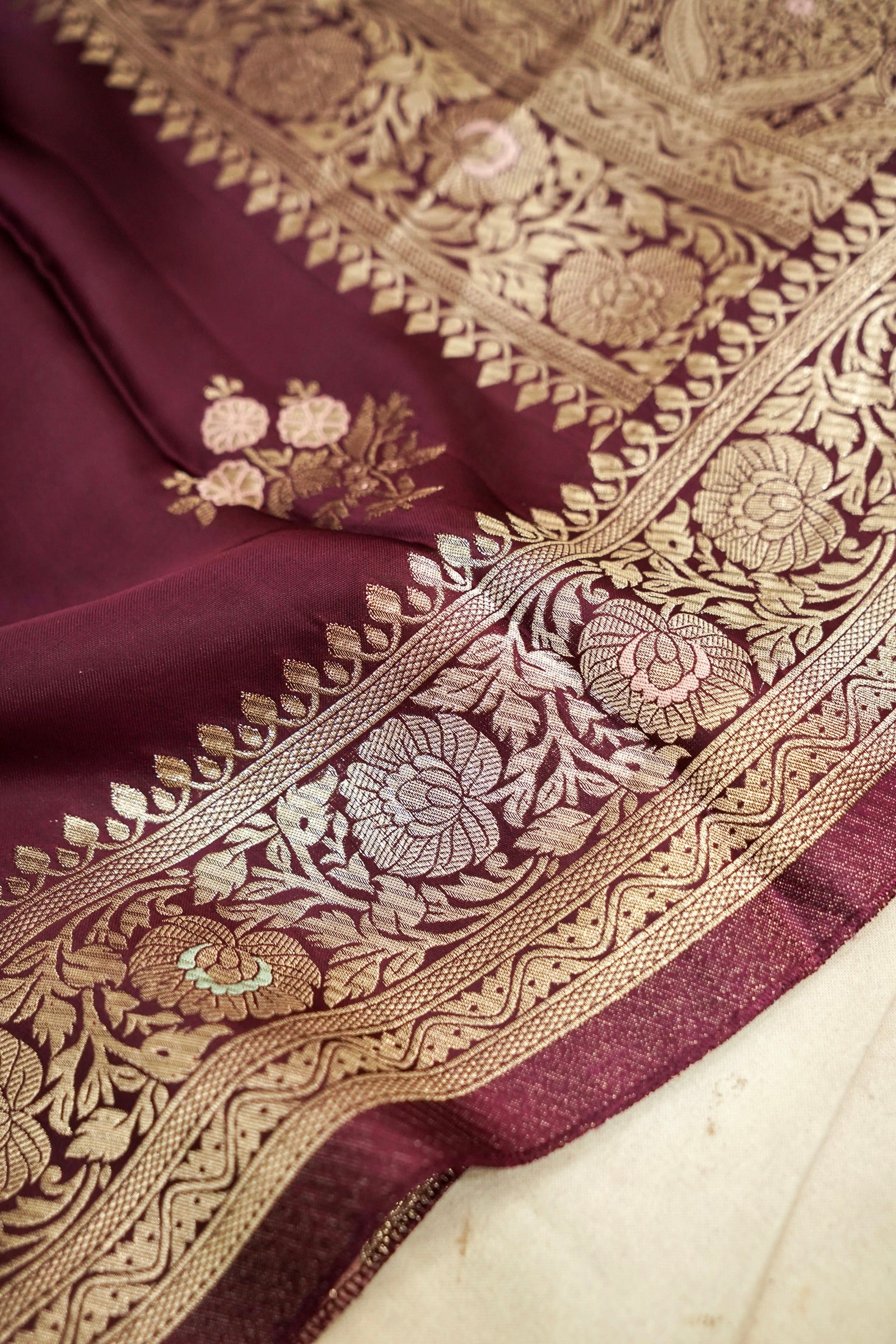Deep Burgundy Wine Mashru Silk Saree with Gold Zari Floral Border