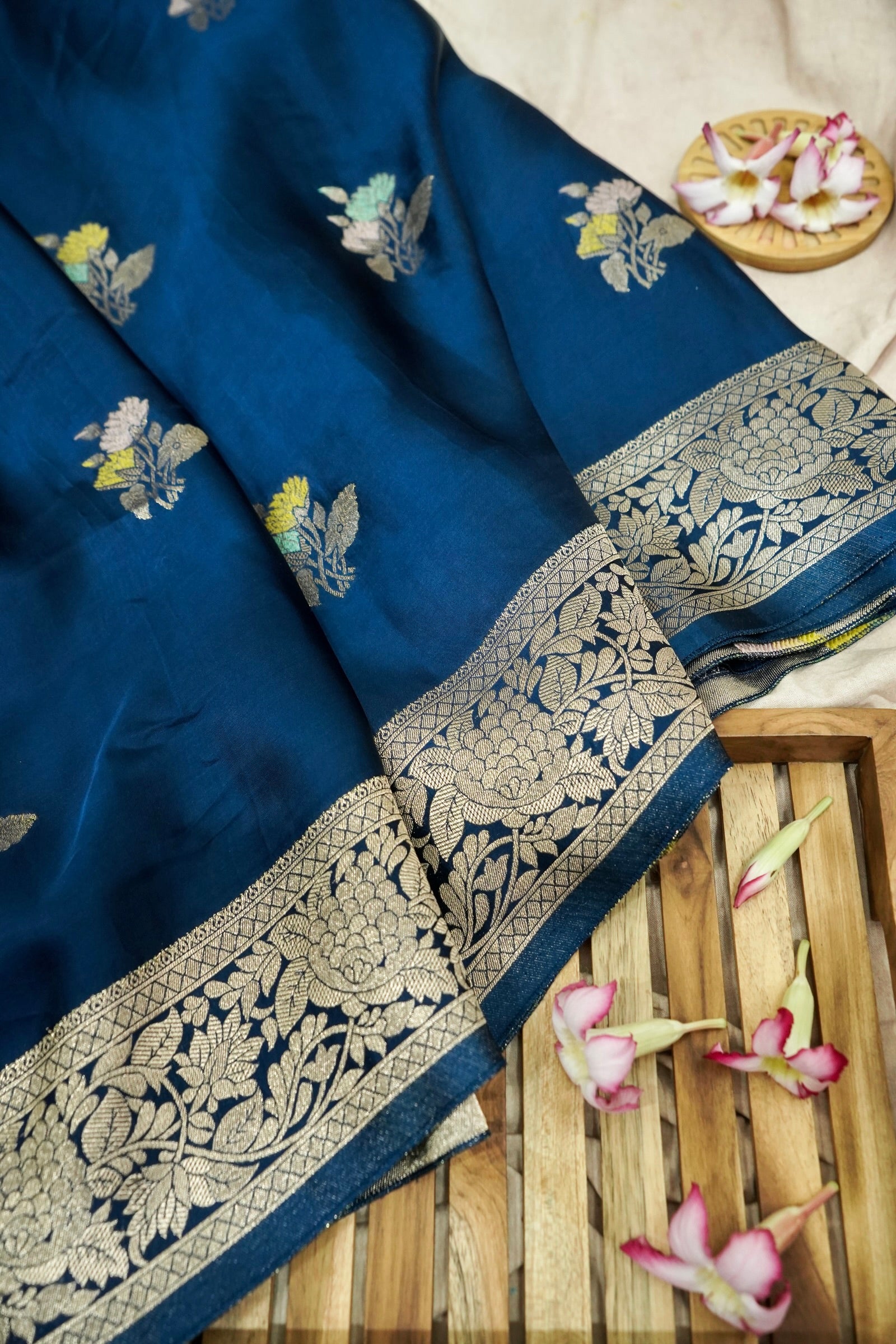 Deep Cobalt Blue Mashru Silk Saree with Champagne Gold Border