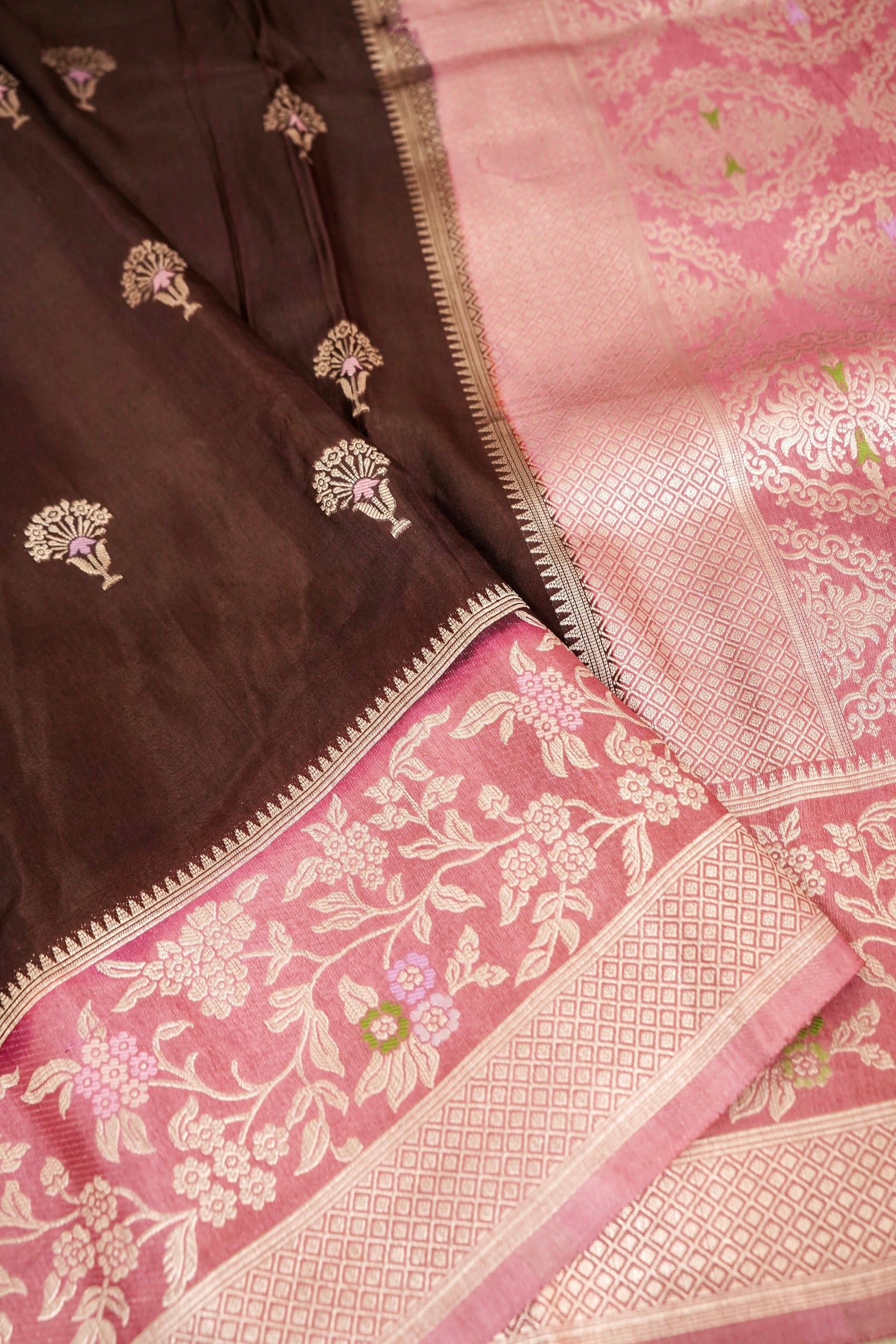 Dark Chocolate Brown Dupion Silk Saree with Blush Pink Floral Zari Border
