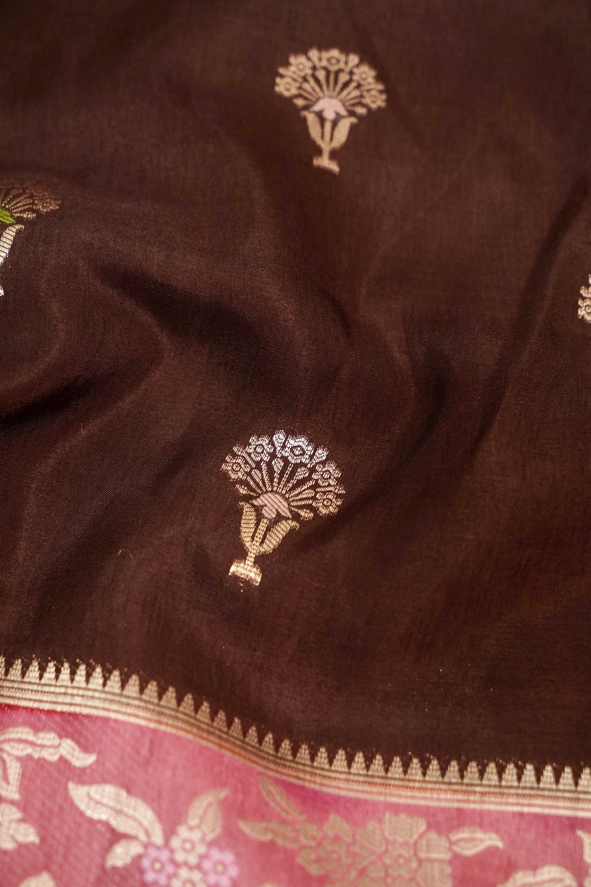 Dark Chocolate Brown Dupion Silk Saree with Blush Pink Floral Zari Border